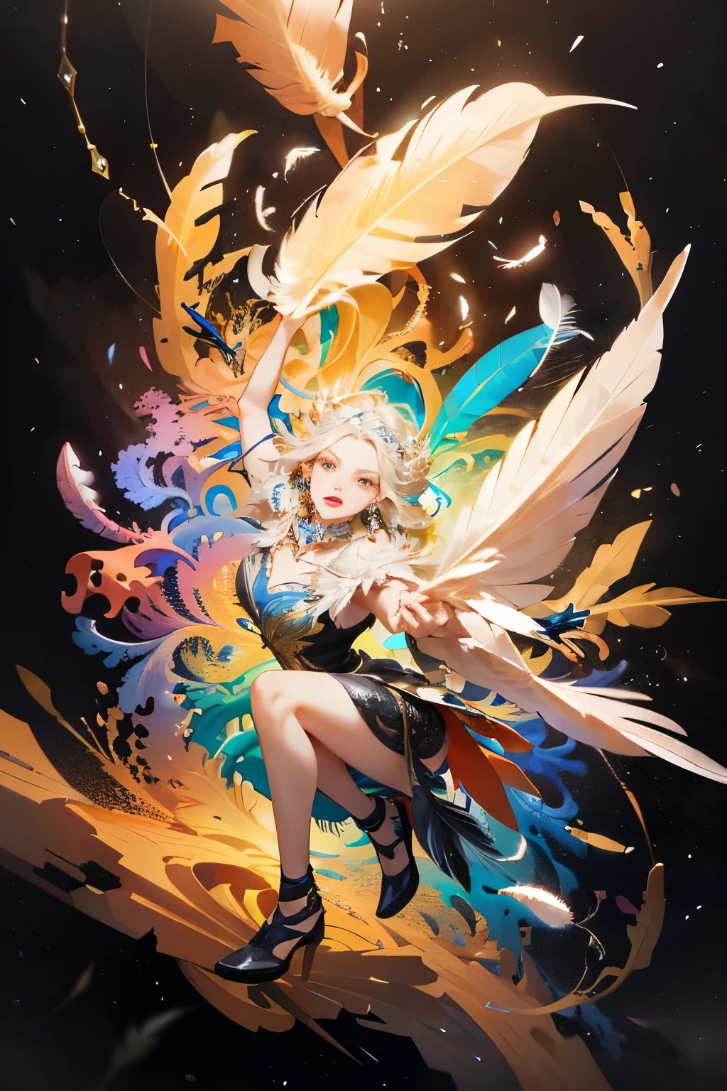 (Ridiculous, high resolution, Super detailed), 1 girl, alone, extremely detailed eyes, Holding mooncakes (official art, Beautiful and beautiful:1.2), (Fractal art:1.3), rich and colorful, most detailed, (tangled:1.2), (dynamic poses), (abstract background:1.3), (skin shiny), (Many colors:1.4), ,(earrings:1.4), (feather:1.4)