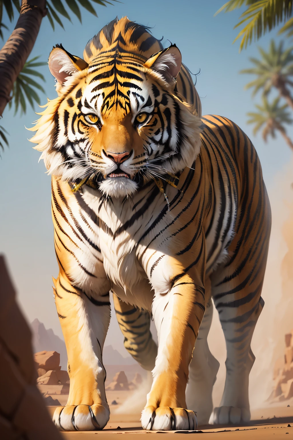 In the heart of ancient Egypt, an Egyptian tiger, a majestic creature of power and grace, roams the verdant banks of the Nile. Its golden fur shimmering under the desert sun, its stripes a testament to the untamed wilderness that defines its home. With piercing green eyes, this fierce predator surveys its domain, ready to pounce on any intruder that dares to disturb the balance of nature. The Egyptian tiger, a force to be reckoned with, stands as a symbol of strength and resilience in the face of adversity.