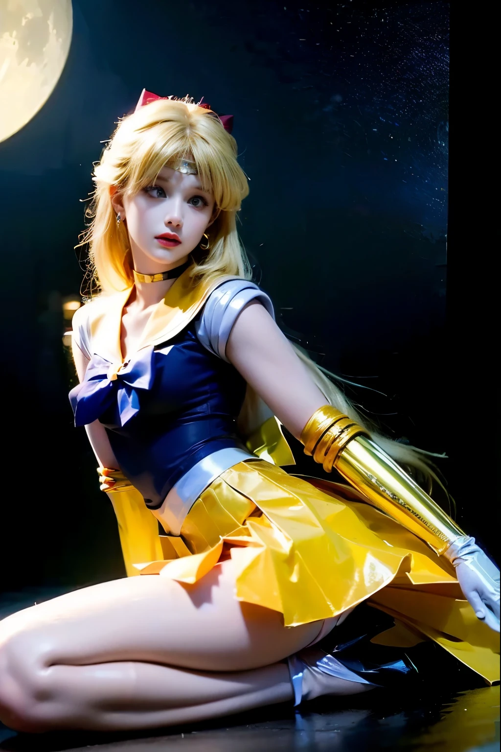 ((masterpiece:1.4)、(highest quality:1.4)、(realistic:1.7))、Masseter muscle part:1.4、beautiful girl、(sailor moon:1.4)、Tsukino Usagi、Body fit sexy sailor warrior uniform、(latex shiny)、(The jacket is a white sleeveless sailor uniform.)、(Skirt Blue Sexy Ultra Ultra Pleated Mini Skirt)、The collar of the sailor suit is blue with two thin lines..、high leg swimsuit、red cloth decoration on the chest、(wearing white gloves)、pretty girl、Super beautiful、sharp focus、portrait photography、(perfect female body:1.4)、perfect proportions、Upper body shot:1.4、beautiful face、beautiful eyes、tight waist、beautiful feet、(yellow hair:1.4)、spread legs、show white panties,(hair length:1.2)、beautiful breasts、big and full breasts:1.2、sexy ass、RAW photo、red lips、red high heels:1.4、choker:1.4、necklace:1.4、earrings:1.4、luxurious golden tiara:1.4、1 screen display、moon、cosmos、spaceship、space station、city of the future