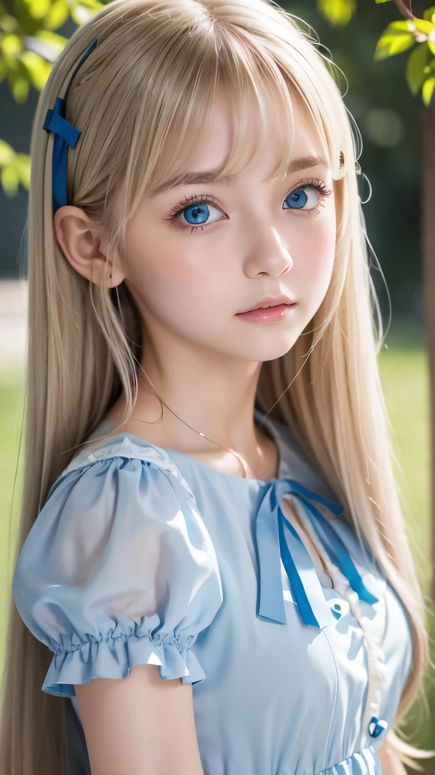 (super detailed), Very beautiful platinum blonde super long straight silky hair、cute light blue princess dress,(ruffle dress),(short sleeve),Big bright blue eyes that shine so beautifully、very big eyes,Upper body、Close-up、face、かわいらしい笑face,facing the front, 15 years old, teenage girl,no tail,(no tail),2D, masterpiece, highest quality, and soul, detailed eye, 詳しいface, blondeの美少女、only one person,blondeのスーパーロングストレートヘア, (blonde),  bangs between eyes、faceの中心に髪、片hair above eyes、hair above eyes、ear hair, , single blade, (single blade), (side blade), pink ribbon, ribbon around the neck, (white sleeves), background bokeh、小face美少女、cheek highlights