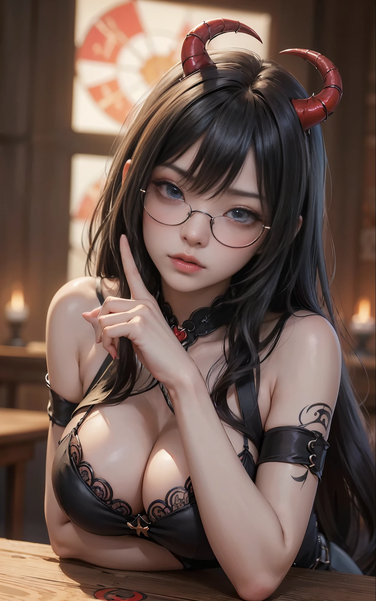 Understoodですかですか、(best illustrations)、8k UHD resolution、intricate details、highest quality、realistic、Super detailed、best lighting、best shadow、soft lighting、ultra hd、超realistic、Tyndall effect、Photoreal、(high detail skin:1.2)、 (intricate details, compensate, face to face with the children_v1:0.5), (Understood, beautiful and delicate face, Understoodですか, beautiful and delicate eyes, perfectly proportioned face, high resolution skins, fine skin, Optimal ratio of 4 fingers and 1 thumb, arm under , red tattoo on lower abdomen、Wow wow, wide , smooth abdomen, thin and thin skin, __fashion__, __hair__:1.25)、Digital single-lens reflex camera、 absurd、(table top: 1.3), (maximum resolution: 1.2), (ultra hdTV: 1.2), cinematic light, fine eyes and skin, detailed facial features, , (sharp focus: 1.2）, (focus on the face:1.2),perfect style, beautiful face, acura, anatomically correct, Highly detailed face and skin texture, fine eyes, double eyelid, thin eyebrows, glitter eyeliner: 1 natural cheeks, Glossy skin, Fair skin: 1.2, (glossy lips: 1.4),(embarrassed look: 1.2),Highly detailed face and skin texture, fine eyes, double eyelid, natural cheeks,  glossy lips: 1.4,exposed cleavage、Bewitching。charm、 Beautiful devil woman from hell, デヴィッド・ホックニーとアルフォンス・ミュシャによる超realistic女性の肖像画, charm女性の肖像画、fantasy art, Chinese humanoid robot、chinese actress、dungeon、dragon、devil'palace of、devil' chamber、night、dark style 、in the dark、(detailed spooky background:0.8), magic、 1 girl、evil nun、dark necromancer、Succubus、devil'Daughter of、Shinonome Umi、bat wings，(((devil'Horn)))、 ((((giant glasses, otaku glasses, thick glasses, round glasses)))),((()))、(devil'tail)、(red eyesは光り輝いて:1.6)、red eyesは非常に鮮明で詳細です, your eyes are so beautifully made, ((red eyes:1.0)),intricate tattoo, demonic intricate tattoo, thigh tattoo, body tattoo, masterpiece、最もbeautiful face、baby face、cute smile、beautiful plump red lips、筋肉のcharm体、devilのcharm体、devil style、charmブラックマジックコスチューム、The long-haired、Braid、Black hair、Ponytail distortion、, Ponytail with a bow tied at the back of the hair, beautiful expression、body up、強調、bust,  super tight ,  augmentation surgery,  are very big and round,tight waist、wide 、 secret key, cowboy lens, (black phoenix dress: 1.0),  devil crown,  Red Gemstone Necklace、Jewelry G Wise,  Please wear black mesh socks,wearing light red、nffsw, nffsw, Meeting beautiful girls, look at the girl'Main body,