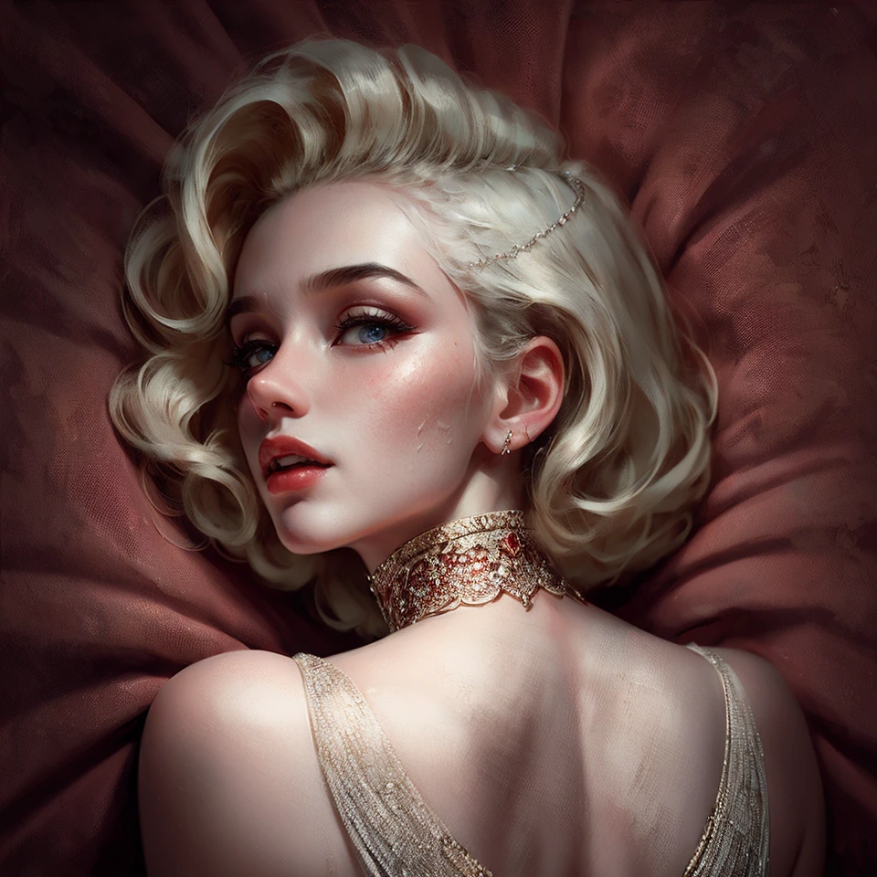 (Masterpiece - Ultra-Detailed, High Resolution) Prepare to be enchanted by a true masterpiece that combines ultra-detailed art with high-resolution rendering. This work shows a mesmerizing woman, with short, light blonde hair, 1950s style, Marilyn Monroe (1.3) and captivating brown eyes (1.2), New York illustration style, wearing red lipstick, (red lipstick) emanating an aura of elegance and mystery. Wearing classic 1950s clothing. Intricate details and realistic textures invite you to explore every aspect of this enchanting composition. Transparent white dress. Laying in the bed. backwars, Looking back. Get ready to dive into a world where beauty and craftsmanship merge perfectly.