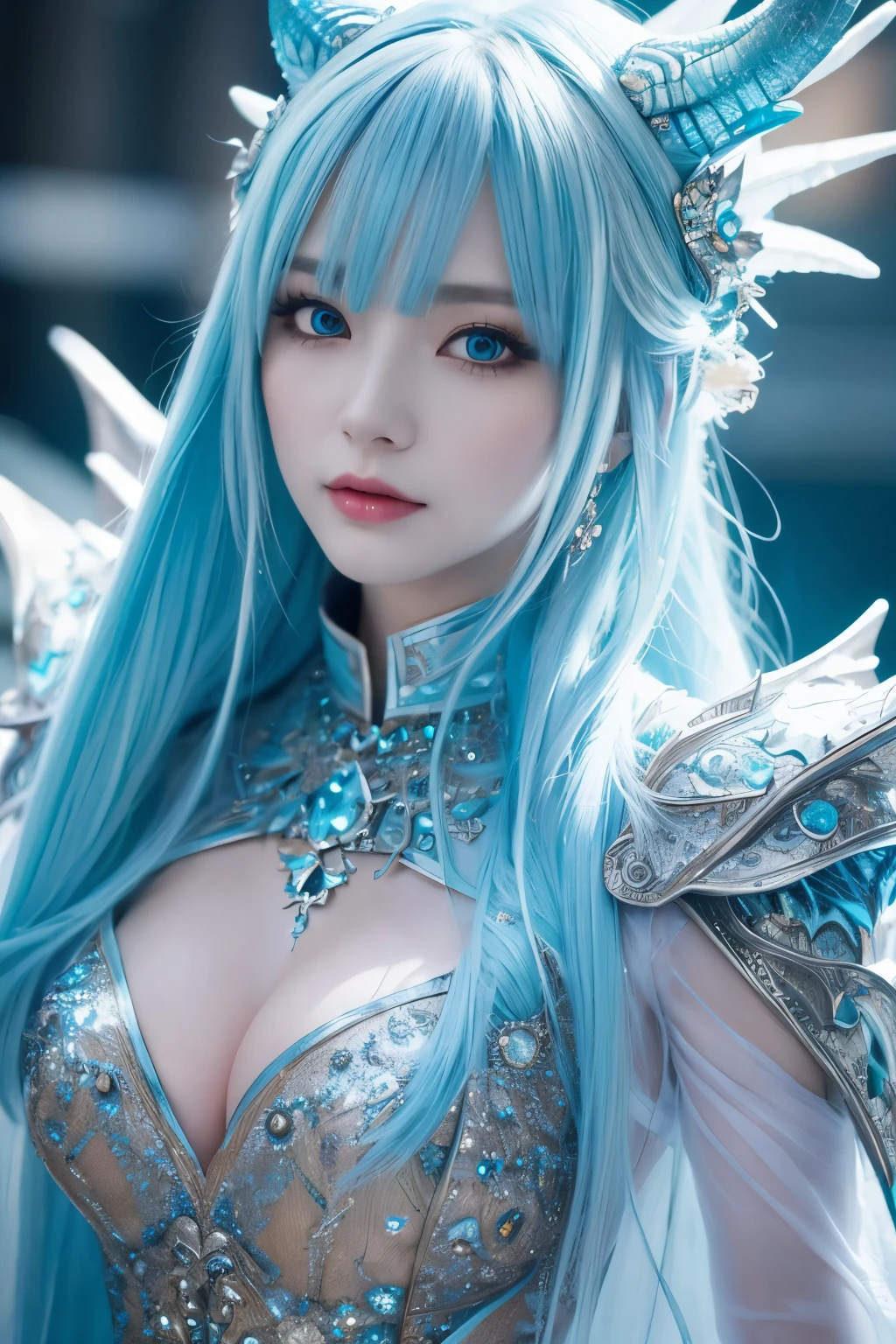 ( absurdly , high quality , Super detailed,See photographer ), Ice Queen,Detailed and beautifully colored dragon costume,