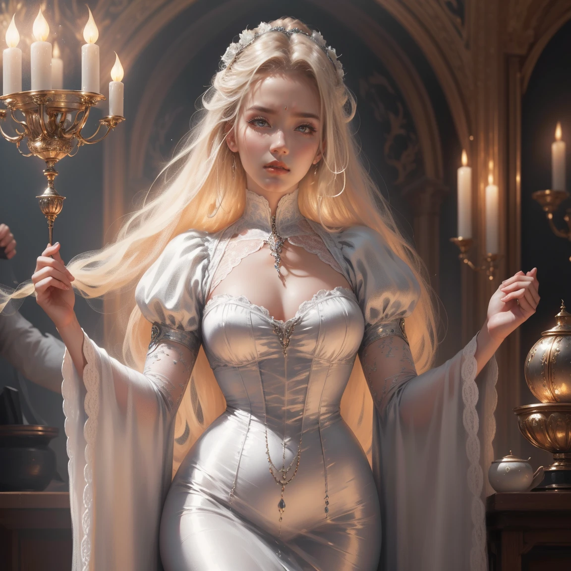 { - ??????? error}(Masterpiece - Ultra-detailed, very high resolution) Prepare to be enchanted by a true masterpiece that combines ultra-detailed art with high-resolution rendering. This work depicts a mesmerizing woman with very long blond hair (1.3) and captivating gray eyes (1.2), emanating an aura of elegance and mystery in Victorian settings. The intricate details and realistic textures invite you to explore every aspect of this enchanting composition. Woman wearing beautiful classic Victorian costume from the year 1878. Red lips. Happy face. Smiling. white (white) dress., backwards, looking back, dynamic poses. Get ready to dive into a world where beauty and craftsmanship merge perfectly.