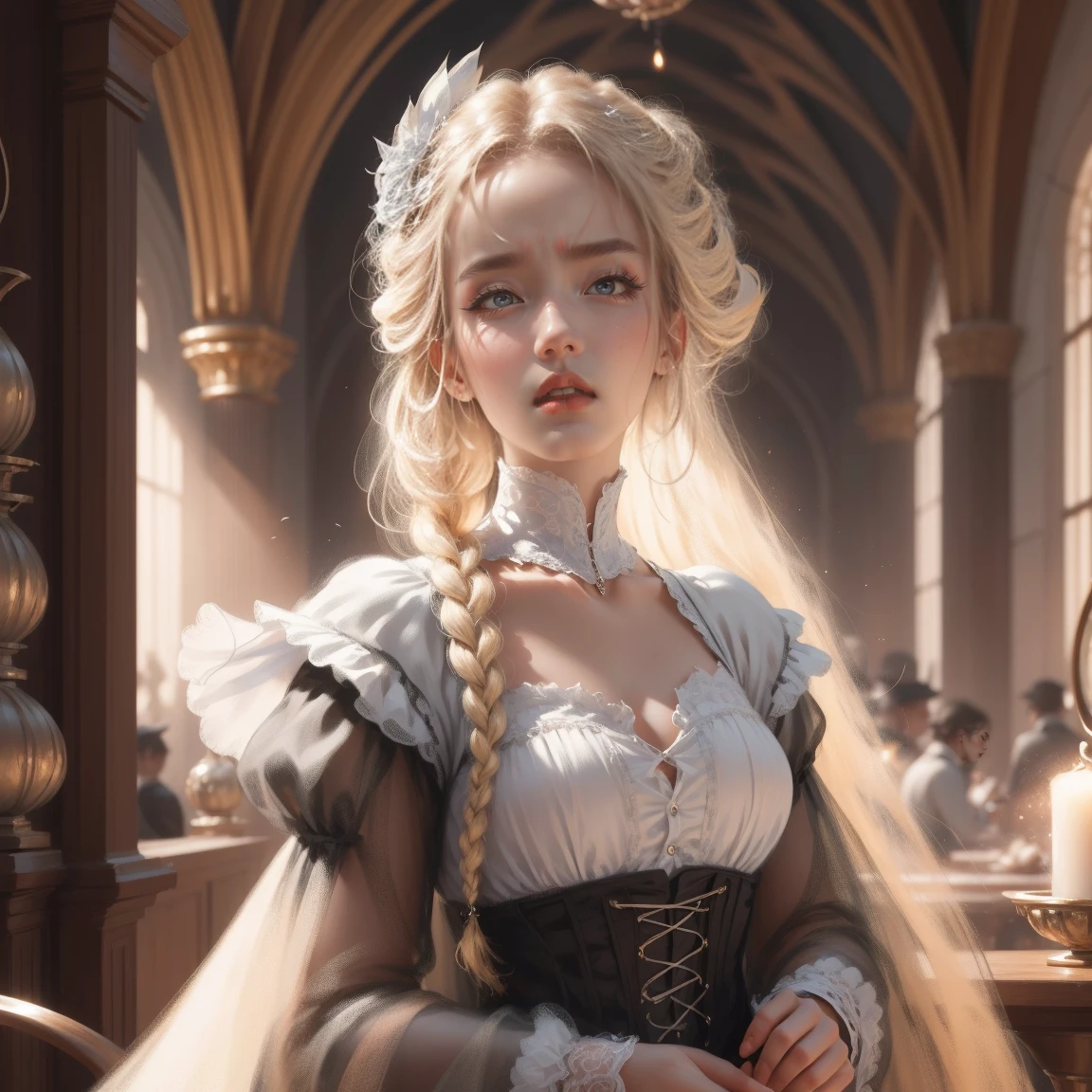{ -  error}(Masterpiece - Ultra-detailed, very high resolution) Prepare to be enchanted by a true masterpiece that combines ultra-detailed art with high-resolution rendering. This work depicts a mesmerizing woman with very long blond hair (1.3) and captivating gray eyes (1.2), emanating an aura of elegance and mystery in Victorian settings. The intricate details and realistic textures invite you to explore every aspect of this enchanting composition. Woman wearing beautiful classic Victorian costume from the year 1878. Red lips. Happy face. Smiling. white (white) dress. Laying on the bed, backwards, looking back, dynamic poses. Get ready to dive into a world where beauty and craftsmanship merge perfectly.