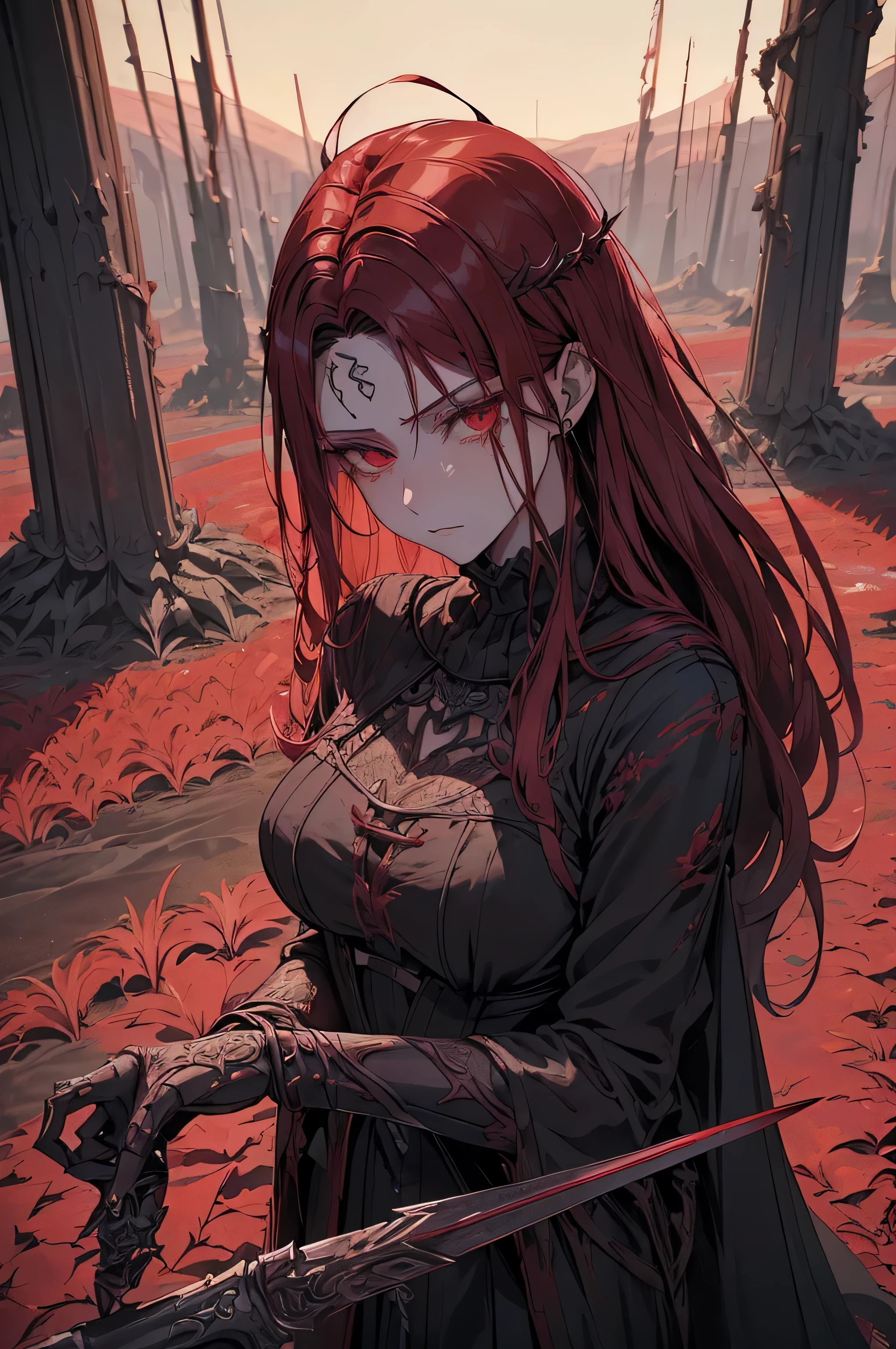 Malenia, Blade of Miquella, from Elden Ring, standing amidst the scarlet rot in a dynamic pose, wielding her weapon, the Hand of Malenia. (Focuses on action and key features) Close-up portrait of Malenia, Blade of Miquella, showcasing her sorrowful expression, prosthetic arm crafted from the Goddess of Rot's scarlet flower, and vibrant red hair adorned with the Aeonian Bloom. (Highlights facial details, characteristics, and symbolic elementalenia, Blade of Miquella, in a desolate landscape consumed by the scarlet rot, her tattered cloak billowing in the wind. (Adds atmosphere and environment) Malenia, Blade of Miquella, unleashing the waterfowl dance, her prosthetic arm glowing with scarlet rot and blades forming a feathered wing. (Highlights iconic combat move) Malenia, Blade of Miquella, kneeling amidst fallen warriors, her helmet removed, revealing a single tear rolling down her cheek. (Emphasizes vulnerability and lore aspectalenia, Blade of Miquella, in her childhood form, holding a withered flower, standing amidst a field of scarlet blooms. (Focuses on younger appearance and the connection to rot),.(((capturing the essence of gothic 90s anime style))), hunter eyes, (((extremly detailed background and character))), (((masterpiece))),(((high quality))), at night with pretty looking moon