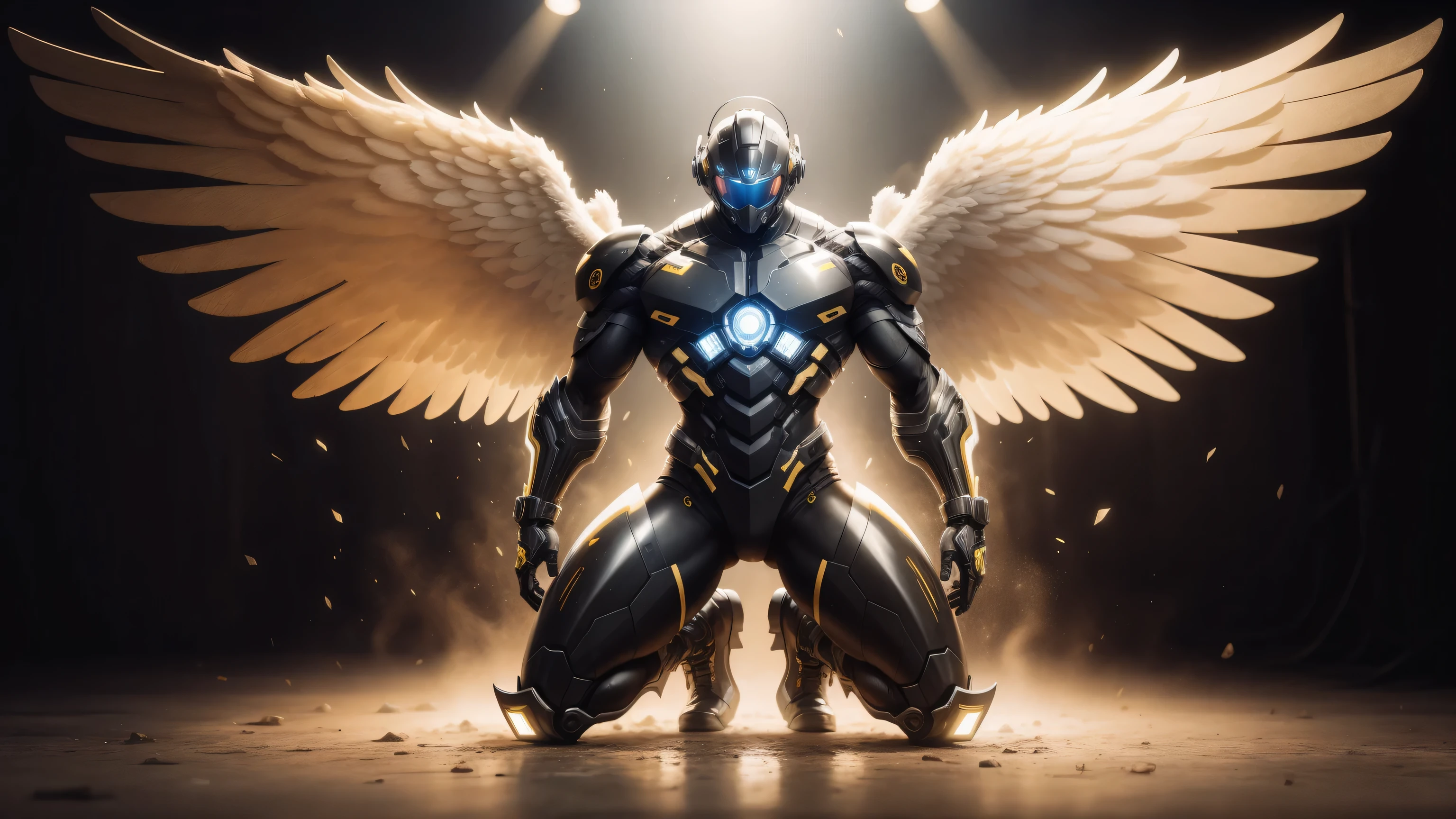 1 Muscular male angel wearing a technological helmet，He knelt down on one knee，Black and yellow honeycomb network pattern nano mecha，huge black angel wings，Mechanical helmets，small grid texture，regular symmetrical texture pattern，heroic male pose，高大burly，muscular！Charming leg muscles，High, burly, Heqiang，  Super gain and cool， high resolution committee， Bigfoot black and yellow ultra-thin nano mechanical boots，Charming strong man，The bright sunshine is shining on you，matte particles，shiny texture