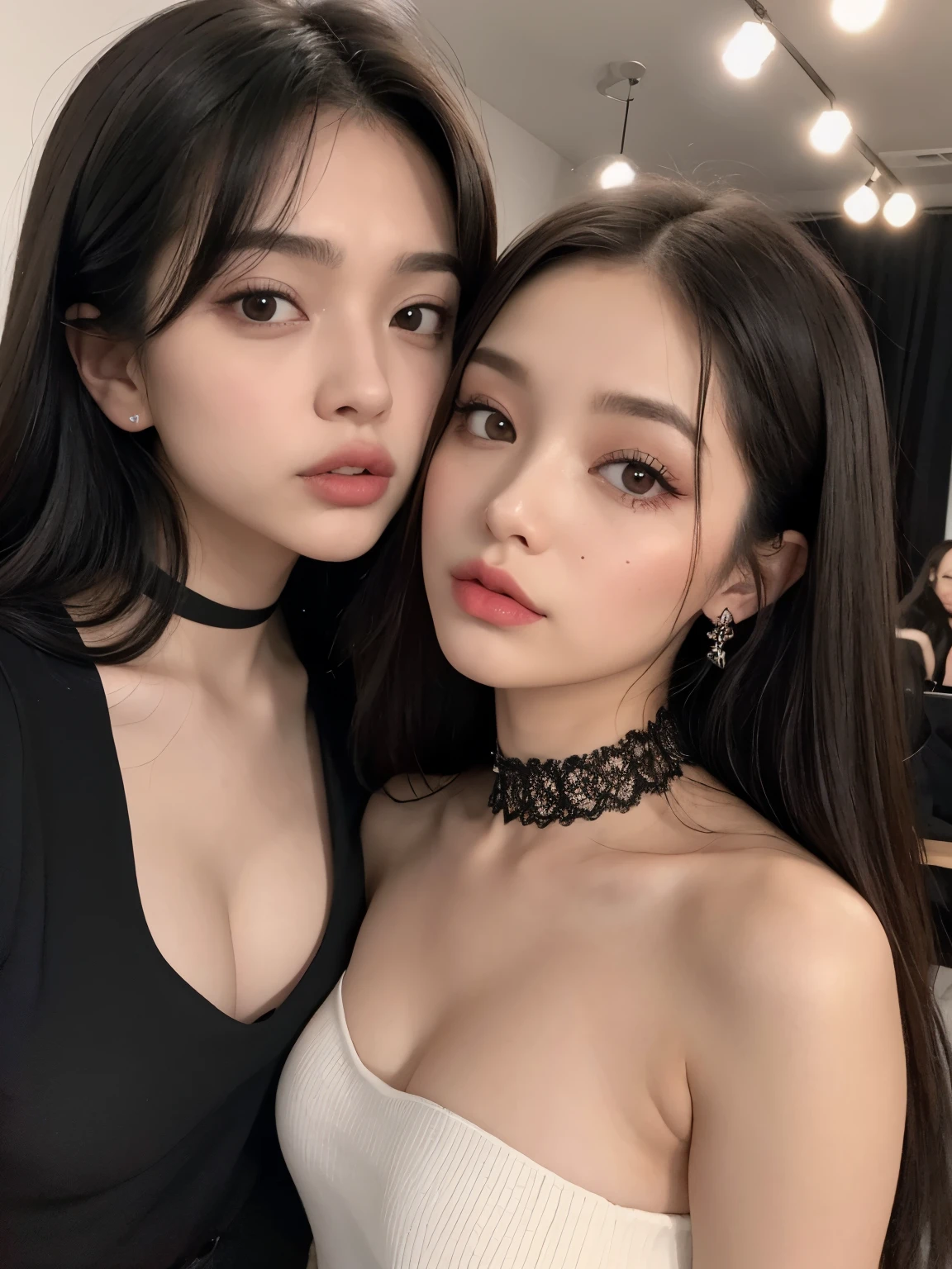 Kim Jennie con el cabello negro oscuro, con rulos en las puntas del cabello negro oscuro, con un ganchito de estrella en el cabello negro oscuro, ojos de color claro, ojos bonitos, ojos llorosos, nariz bonita y respingada, labios bonitos, labios rosas, heart and cupid shaped lip, piel bonita, pale, piel blanca, con lunares y pecas en todo el rostro, rubor rosa suave en las mejilla, rubor rosa natural, dark and gothic makeup, Jennie gotica, mientras ella esta con un chico lindo a su lado, with a cute asian boy standing next to her, mientras hay un torso de hombre, mientras el hombre'His hand is on his jaw.., manos bonitas de hombre, with a gothic boy, cuellos bonito, cuello marcado, frown, mirada enojada, con un collar de beso, un collar bonito de beso, mientras muestra sus pechos desnudos, mientras tiene los pezones con dos corazones de papel rosa, tiene los pezonnes con corazones de papel rosa (pechos grandes, pechos suaves, pechos bonitos, pechos naturales), con un chico a su lado, con su novio, mirando a la camara, autofoto