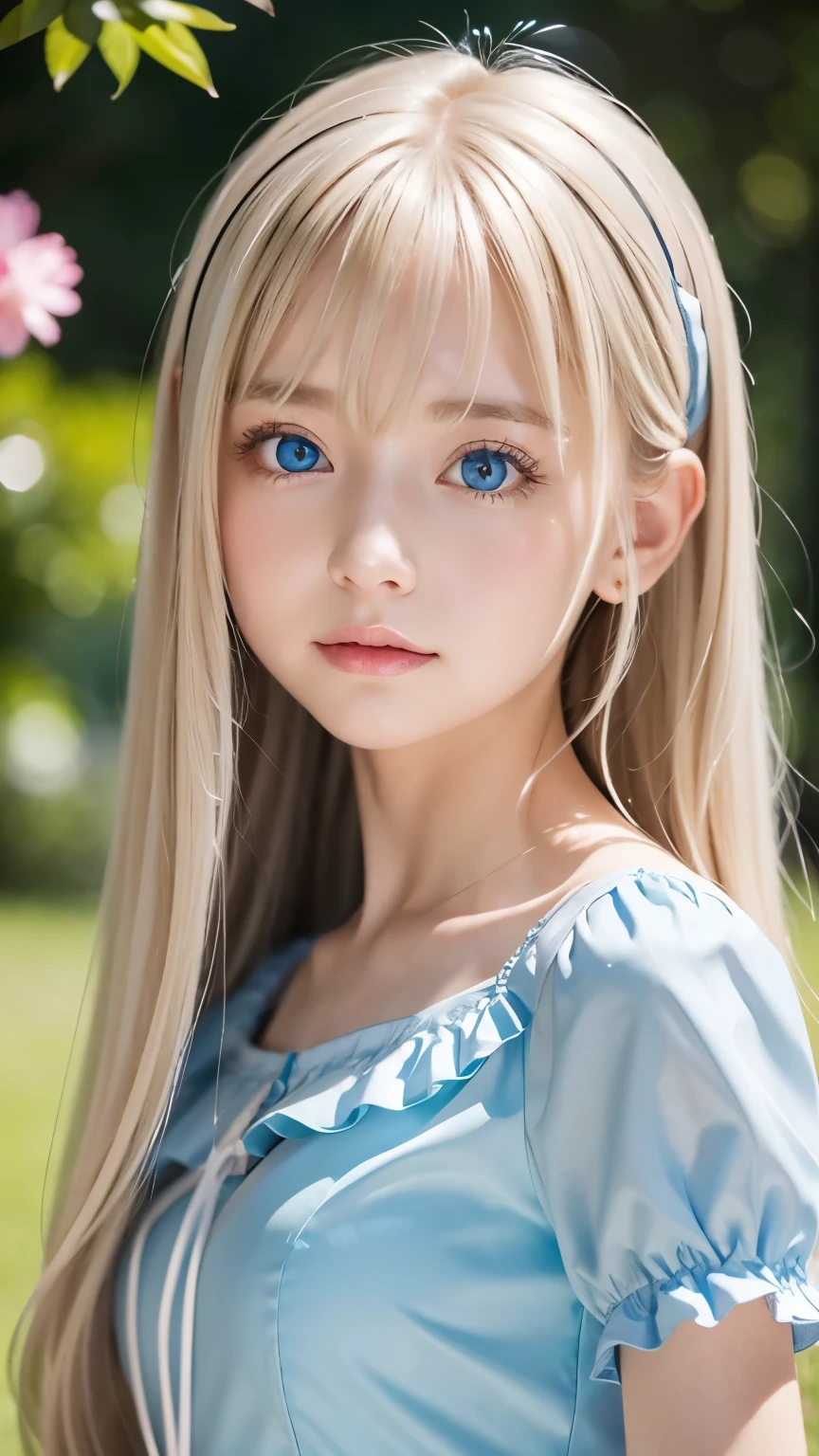 (super detailed), Very beautiful platinum blonde super long straight silky hair、cute light blue princess dress,(ruffle dress),(short sleeve),Big bright blue eyes that shine so beautifully、very big eyes,Upper body、Close-up、face、かわいらしい笑face,facing the front, 15 years old, teenage girl,no tail,(no tail),2D, masterpiece, highest quality, and soul, detailed eye, 詳しいface, blondeの美少女、only one person,blondeのスーパーロングストレートヘア, (blonde), bangs between eyes、faceの中心に髪、片hair above eyes、hair above eyes、ear hair, , single blade, (single blade), (side blade), pink ribbon, ribbon around the neck, (white sleeves), background bokeh、小face美少女、cheek highlights