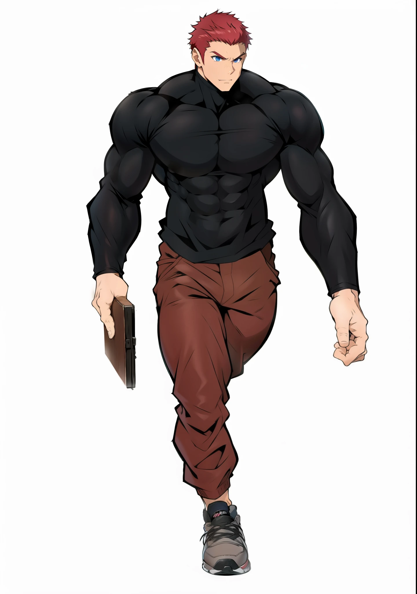 Gere uma imagem de arte no estilo anime de um homem , com cabelo vermelho fosco, olhos roxo , caminhando,arte estilo anime .