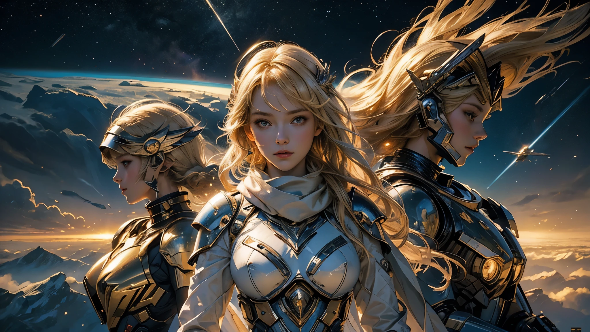 (((masterpiece))),16k,best quality, illustration, Earth, water,fire,wind,space,1 girl,blonde hair,Beautiful mecha,shining armor,eagle helmet,pretty face,scarf,Paper_cut,NSFW