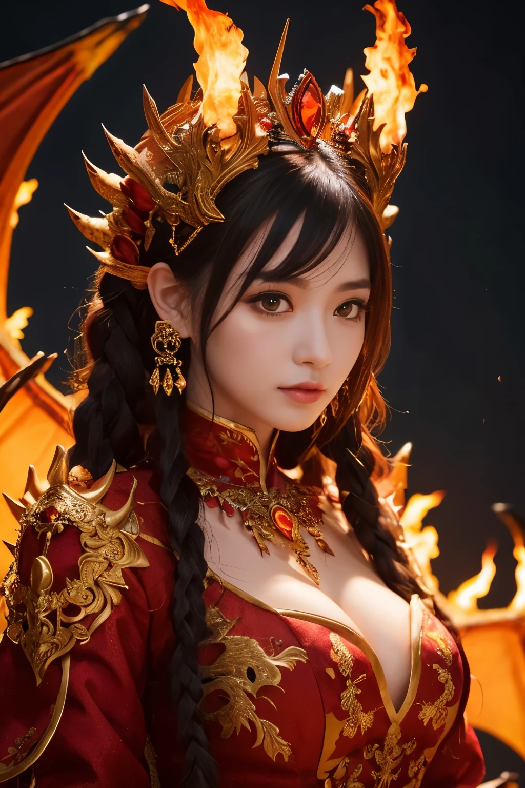 ( absurdly , high quality , Super detailed,See photographer ),queen of flame,Detailed and beautifully colored dragon costume,