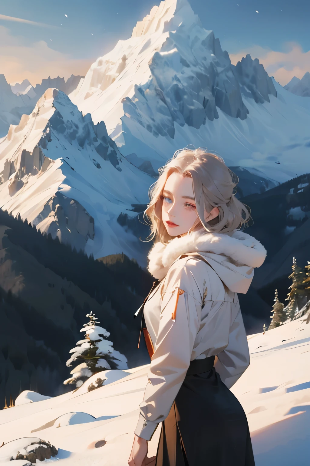 ((masterpiece)),best quality, illustration, dark, 1 girl, In the wilderness,Mountain high,Snowy mountains in the distance, castle, Beautiful and delicate eyes, beautiful fine hair,