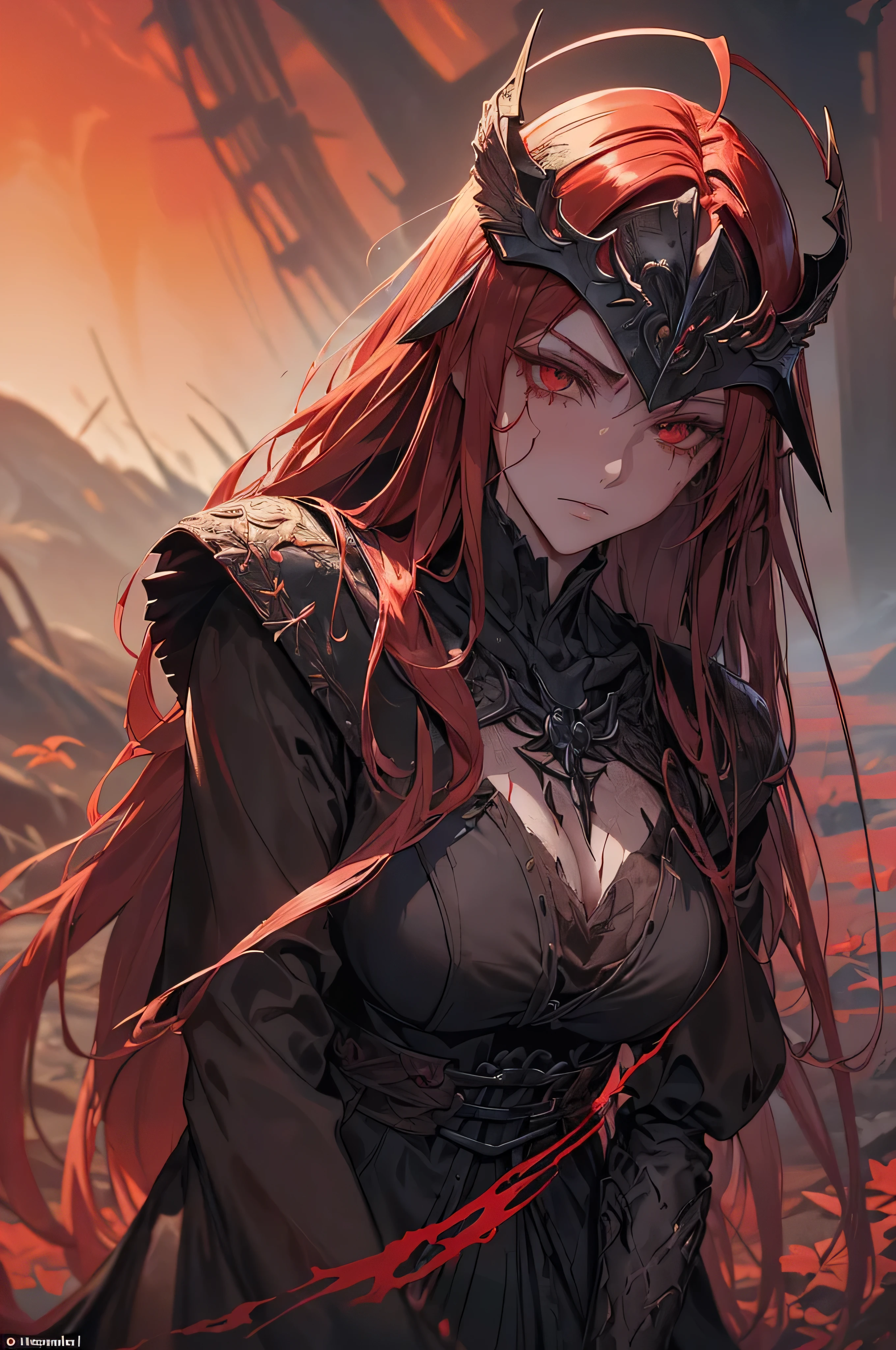 Malenia, Blade of Miquella, from Elden Ring, standing amidst the scarlet rot in a dynamic pose, wielding her weapon, the Hand of Malenia. (Focuses on action and key features) Close-up portrait of Malenia, Blade of Miquella, showcasing her sorrowful expression, prosthetic arm crafted from the Goddess of Rot's scarlet flower, and vibrant red hair adorned with the Aeonian Bloom. (Highlights facial details, characteristics, and symbolic elementalenia, Blade of Miquella, in a desolate landscape consumed by the scarlet rot, her tattered cloak billowing in the wind. (Adds atmosphere and environment) Malenia, Blade of Miquella, unleashing the waterfowl dance, her prosthetic arm glowing with scarlet rot and blades forming a feathered wing. (Highlights iconic combat move) Malenia, Blade of Miquella, kneeling amidst fallen warriors, her helmet removed, revealing a single tear rolling down her cheek. (Emphasizes vulnerability and lore aspectalenia, Blade of Miquella, in her childhood form, holding a withered flower, standing amidst a field of scarlet blooms. (Focuses on younger appearance and the connection to rot),.(((capturing the essence of gothic 90s anime style))), hunter eyes, (((extremly detailed background and character))), (((masterpiece))),(((high quality))), at night with pretty looking moon,malenia blade of miquella.Malenia, Blade of Miquella, from Elden Ring, standing amidst a swirling vortex of scarlet rot, her prosthetic arm glowing brightly, unleashing the waterfowl dance. Her red hair flows wildly, the Aeonian Bloom glowing on her head,She wears a tattered red cloak adorned with gold embroidery, revealing her scarred legs. detailed hyper-realistic with vibrant colors and emphasis on dynamic movement and powerful emotions. Malenia's Winged Helm Material Crafted from unalloyed gold, highlighting her status as an Empyrean.
A closed helmet with a visor that obscures her face.
Two large, angelic feathered wings extend from the sides of the helmet, referencing