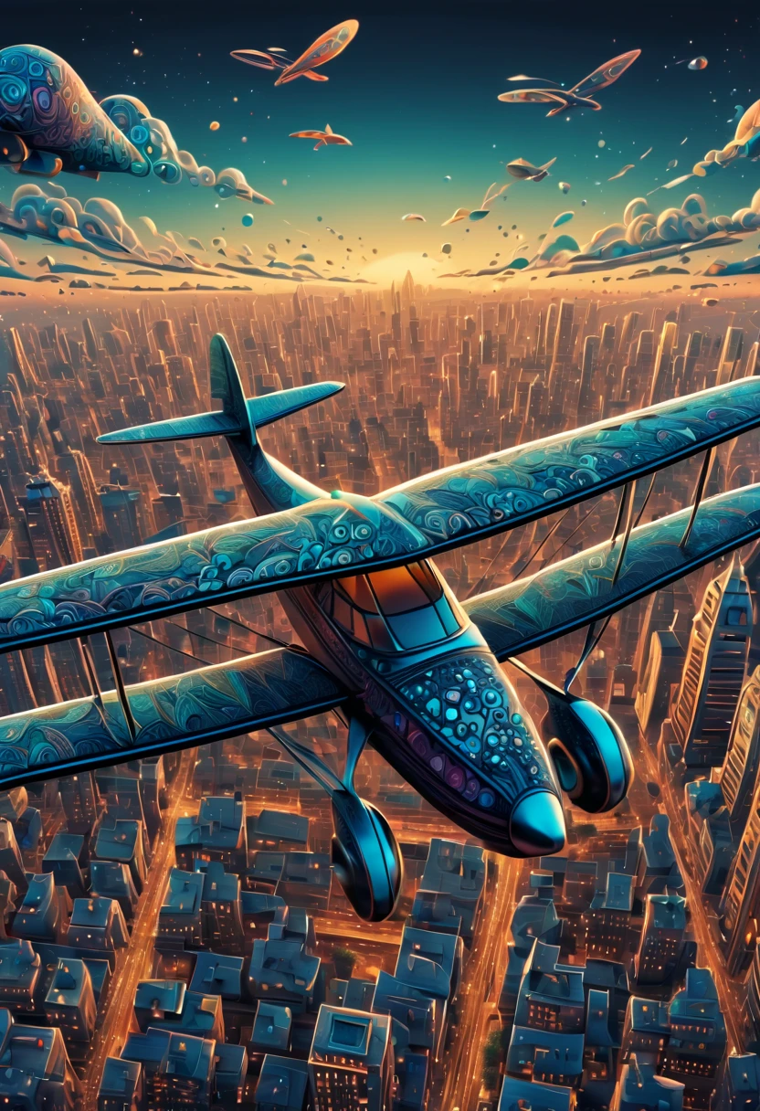 (best quality, highres, ultra sharp), Magical  aeroplane, art deco, zentangle, full colored, 3d crunch, cinematic, flying over city,