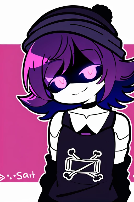a close-up of a person wearing a hat and shirt, [[[[sorrindo maldosamente]]]], estilo anime 2d, estilo de arte desconhecido, com estilo splatoon, arte digital de danganronpa, sorriso nefasto, retrato de meio corpo, 2d icon, estilo de arte anime moe, estilo 2D, em estilo anime
