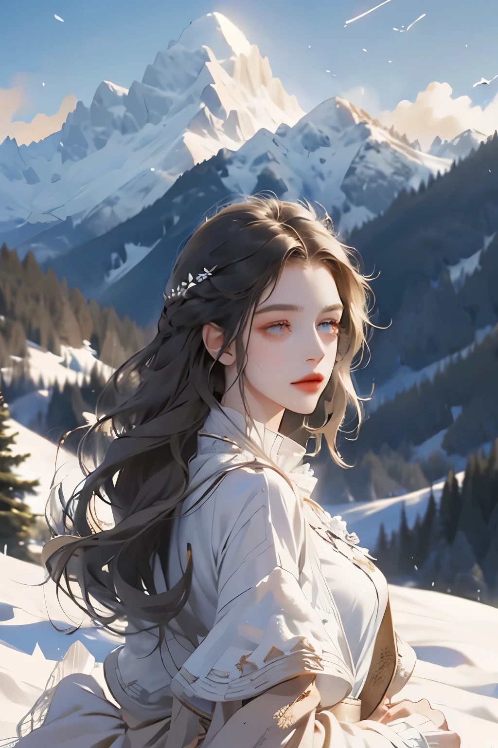 ((masterpiece)),best quality, illustration, dark, 1 girl, In the wilderness,Mountain high,Snowy mountains in the distance, castle, Beautiful and delicate eyes, beautiful fine hair,
