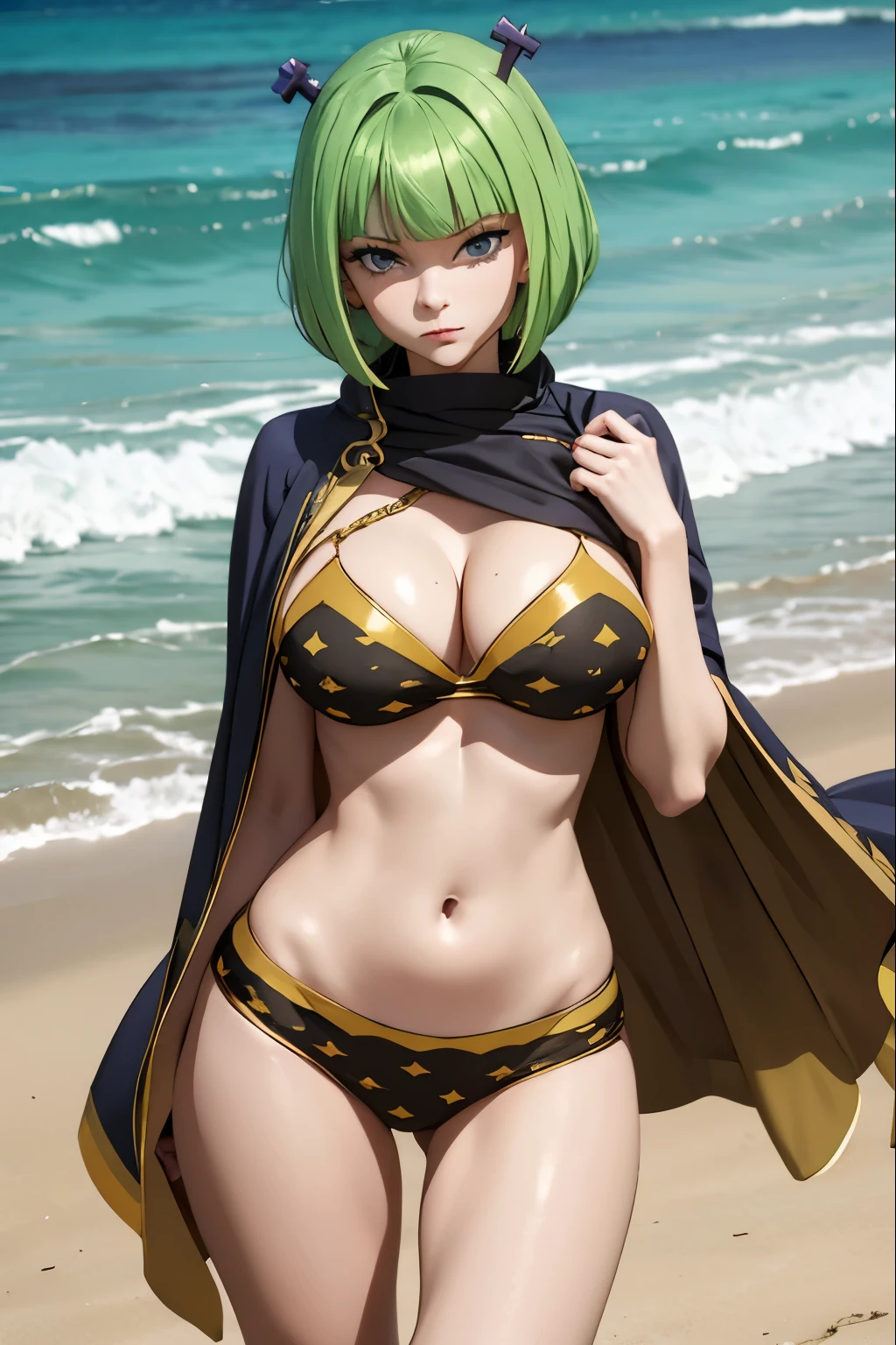 beautiful woman 24 years old short green hair, ojos verdes, pechos enormes. pechos grandes. smug look. cape-design bikini. fondo una playa