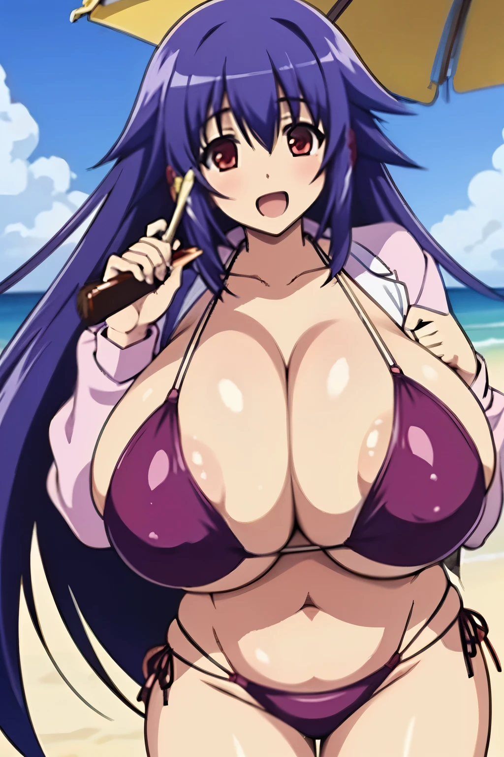 1girl, solo, ayana hizuki, red eyes, purple hair, long hair,(gigantic breasts:1.5),long sleeves, cleavage, (bikini:1.5),beach,open mouth,(brush:1.5)