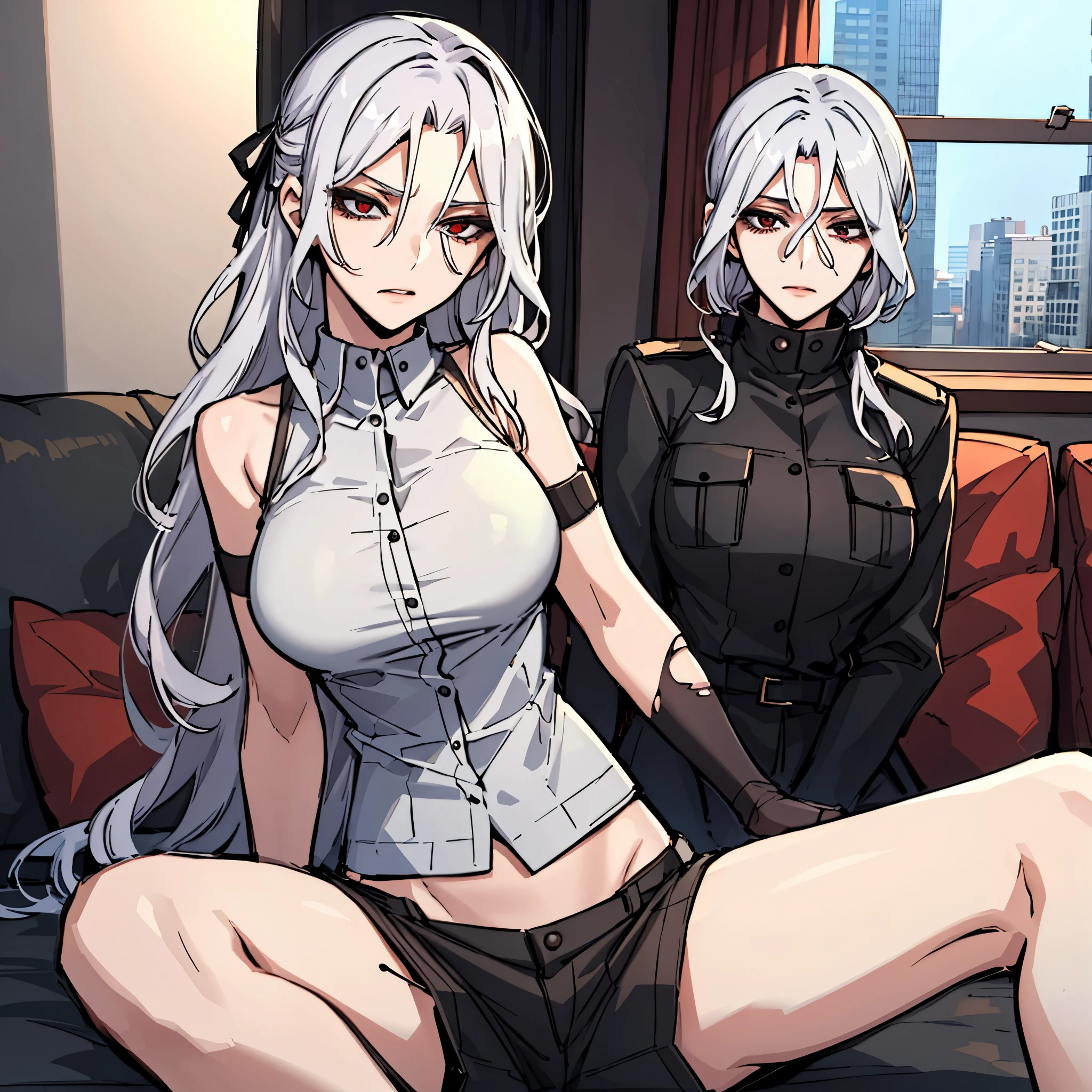 (, 8K, 4k, Masterpiece, hyperextreme detail:1.2),((1 girl)), Best quality, Expressive eyes, perfect face, 1 girl, portrait, One, female, mature woman, adult, pale skin, black nails, White skin, black ribbon, Red eyes, Irritated, torn clothes, armor, torn clothes, oversized shirt, , combed bangs, side bangs, грязные hair, длинные hair, hair, covering the forehead, Ideal Anatomy, anatomically correct, look forward to, Forward view, Expressive eyes, преRed eyes, Quanxi,whole body,, covered medium breast, , One, Leaning back, window background, BlackOutfit,(Sitting),perspective