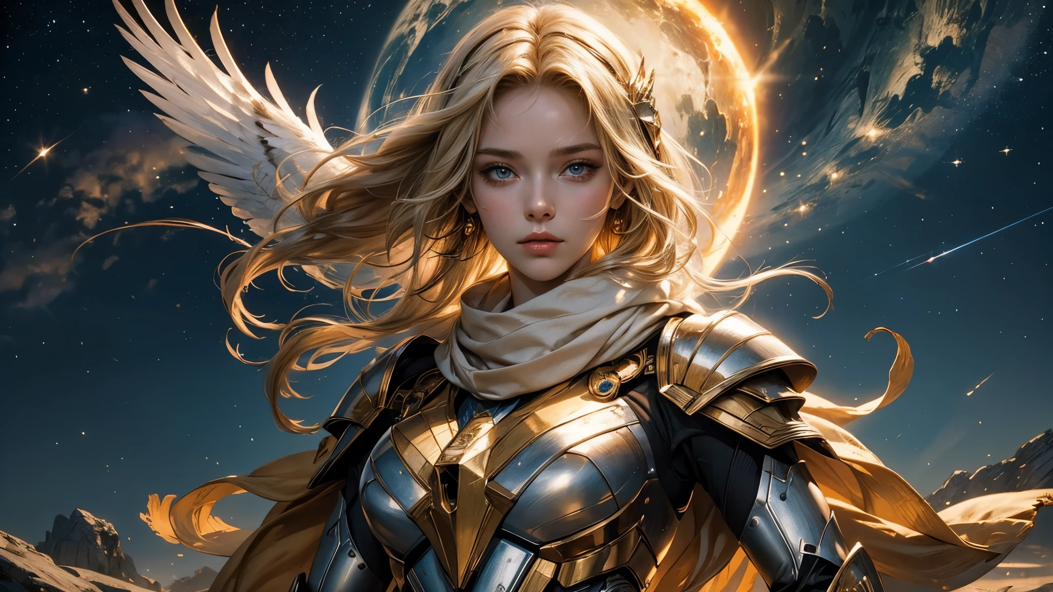 (((masterpiece))),16k,best quality, illustration, Earth, water,fire,wind,space,1 girl,blonde hair,Beautiful mecha,shining armor,eagle helmet,pretty face,scarf,Paper_cut,NSFW