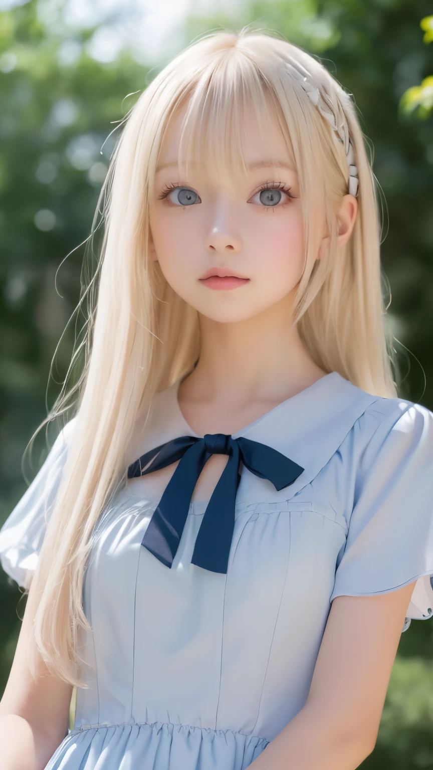 (super detailed), Very beautiful platinum blonde super long straight silky hair、cute light blue princess dress,(ruffle dress),(short sleeve),Big bright blue eyes that shine so beautifully、very big eyes,Upper body、Close-up、face、かわいらしい笑face,facing the front, , teenage girl,no tail,(no tail),2D, masterpiece, highest quality, and soul, detailed eye, 詳しいface, blondeの美少女、only one person,blondeのスーパーロングストレートヘア, (blonde),  bangs between eyes、faceの中心に髪、片hair above eyes、hair above eyes、ear hair, , single blade, (single blade), (side blade), pink ribbon, ribbon around the neck, (white sleeves), background bokeh、小face美少女、cheek highlights