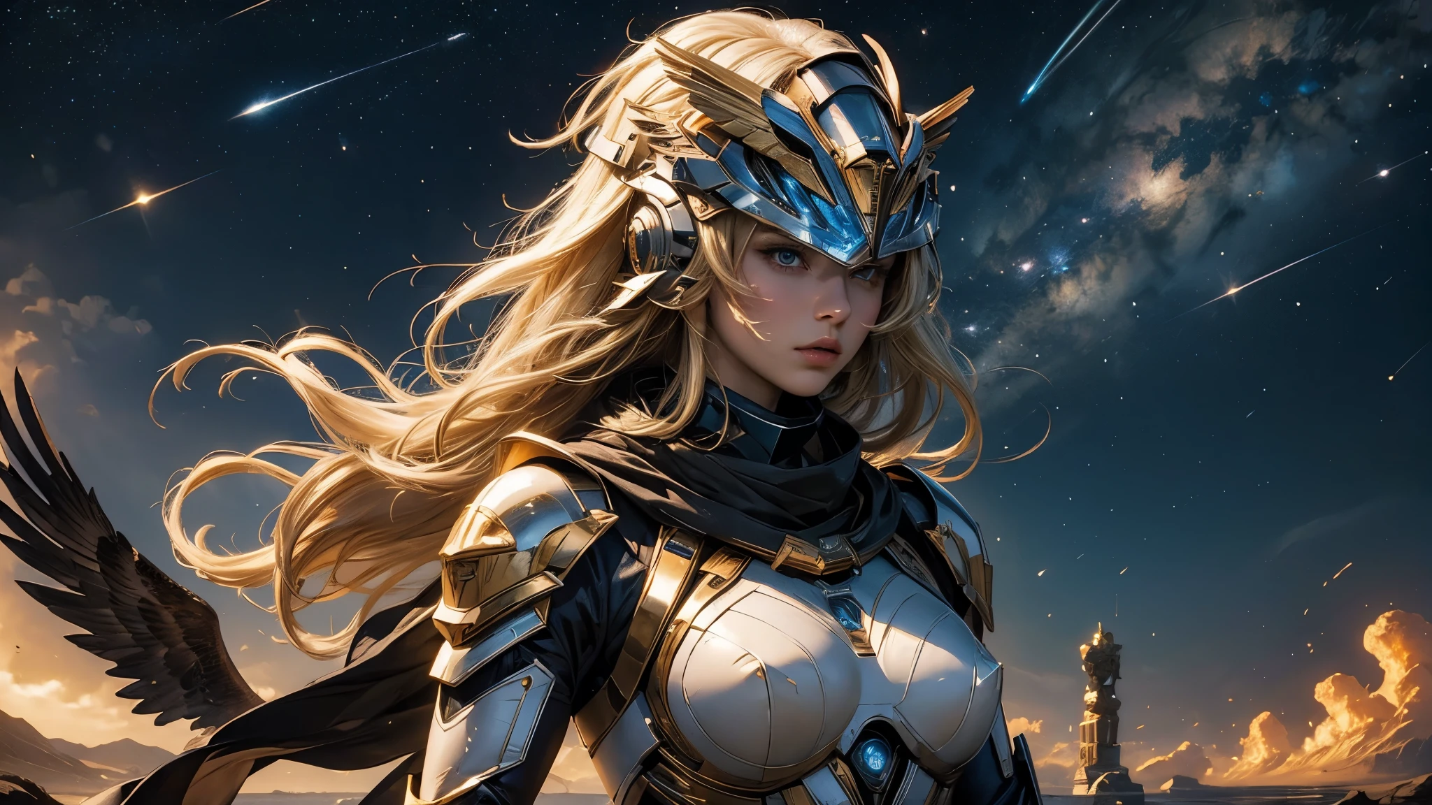 (((masterpiece))),16k,best quality, illustration, Earth, water,fire,wind,space,1 girl,blonde hair,Beautiful mecha,shining armor,eagle helmet,pretty face,scarf,Paper_cut,NSFW