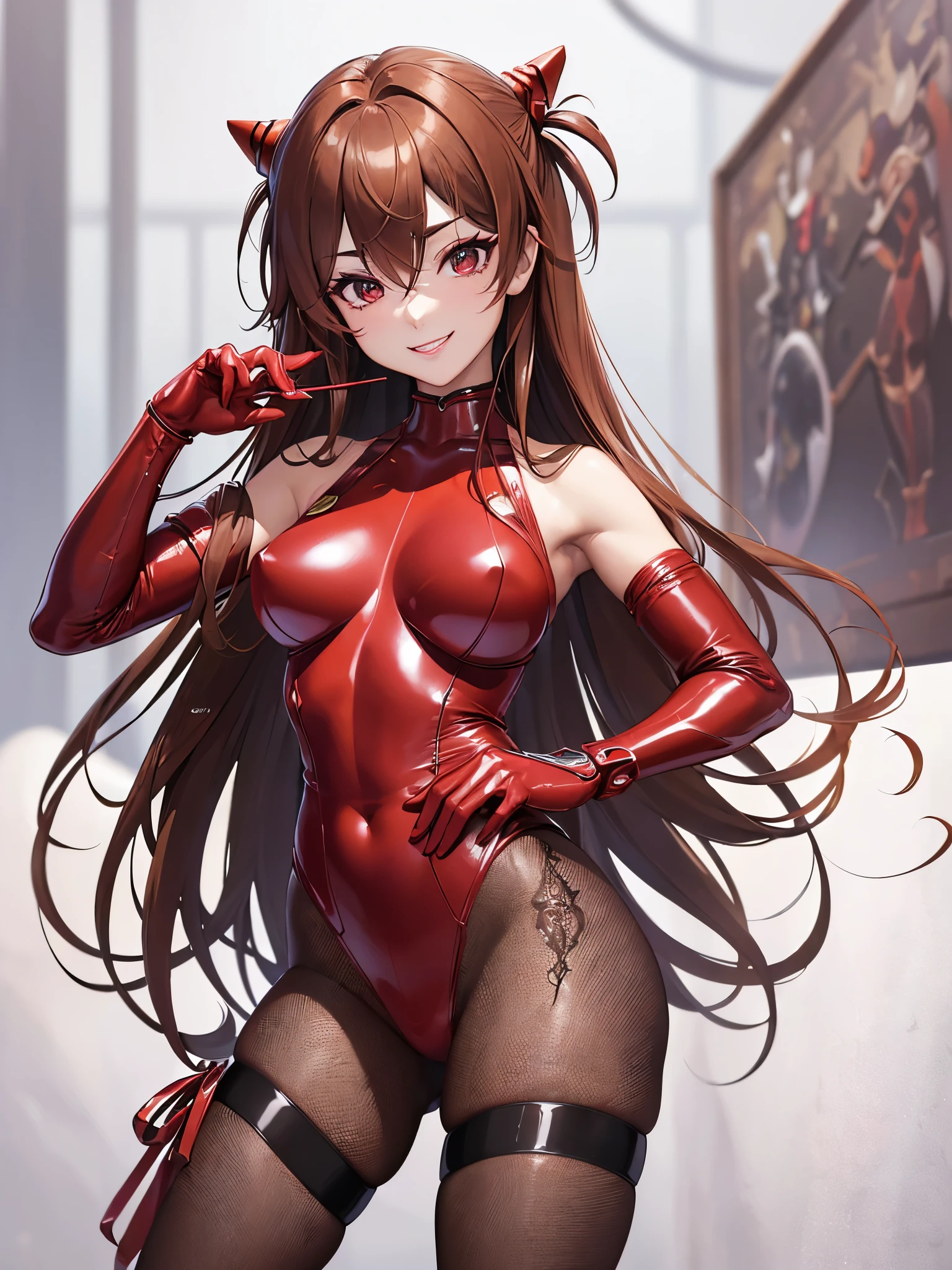 (16ｋ、Raw photo、highest quality、High resolution、)、((biomechanics ,Red leather bondage , seductive anime girl,asuka langley,brown hair))、(detailed face:1.3)、(masterpiece:1.4)、(highest quality:1.4)、 きめ細かいbeautiful skin、(cute:1.3),(intricate fishnet stockings)、stiletto heels、Leather luster 3.0、((thin eyebrows、long eyelashes、smile、double eyelid、))、beautiful skin、(dark red bondage)、real photo stick、Red BDSM Figure、dark red bodycon、