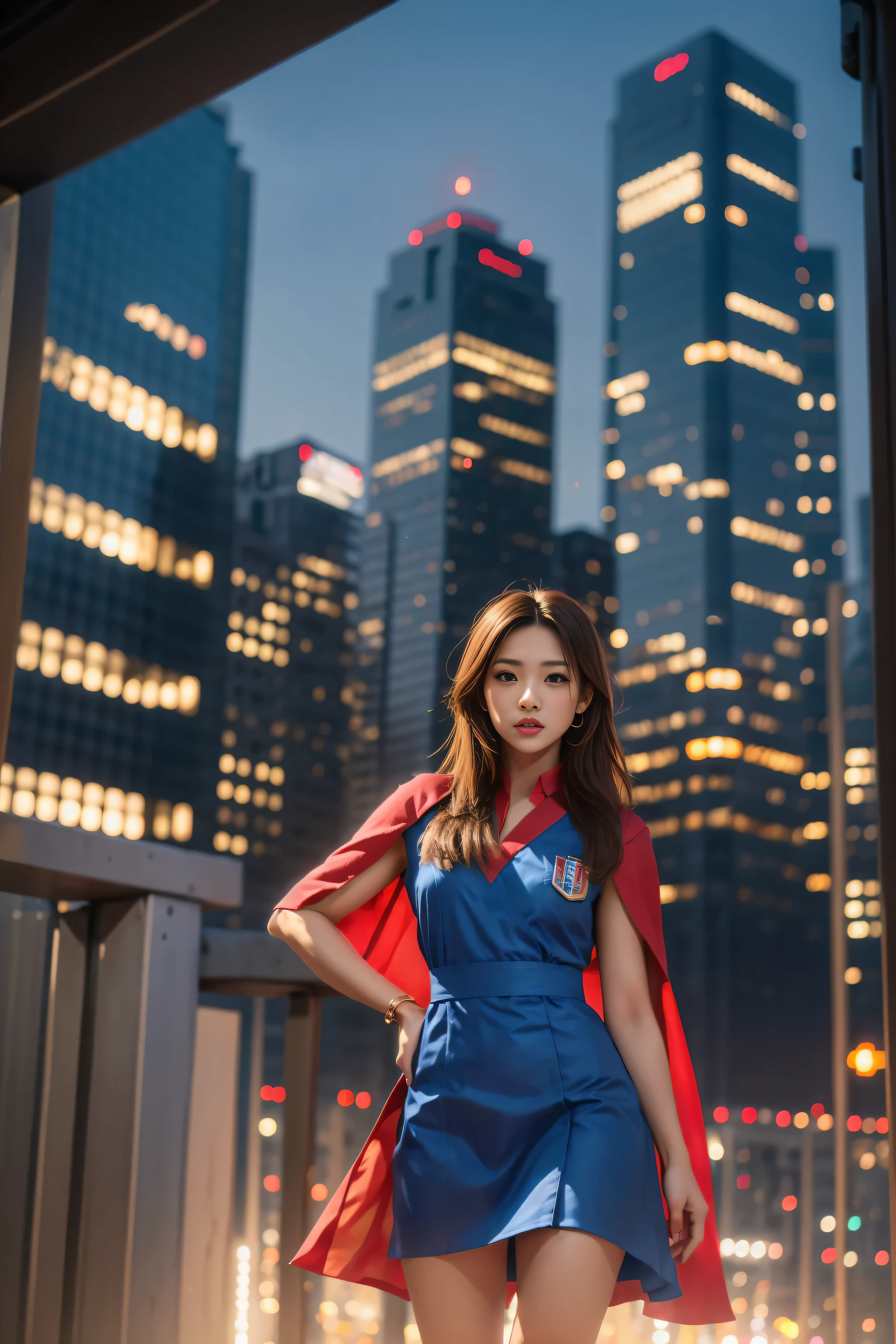 A modern-day warrior woman draped in her country's flag, standing atop a hill with a cityscape below, the scene rendered in dramatic lighting that emphasizes her strength and the dynamic composition of the patriotic theme.