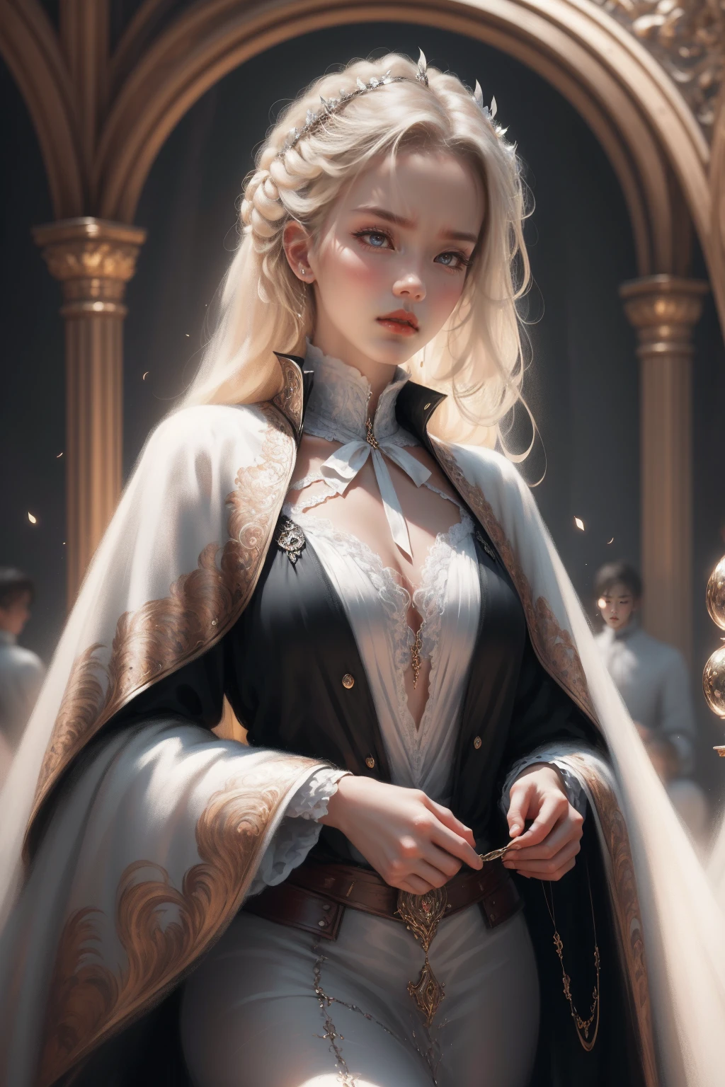 { - anatomy error}(Masterpiece - Ultra-detailed, very high resolution) Prepare to be enchanted by a true masterpiece that combines ultra-detailed art with high-resolution rendering. This work depicts a mesmerizing woman with very long blond hair (1.3) and captivating gray eyes (1.2), emanating an aura of elegance and mystery in Victorian settings. The intricate details and realistic textures invite you to explore every aspect of this enchanting composition. Woman wearing beautiful classic Victorian costume from the year 1878. Red lips. Happy face. Smiling. white (white) dress., backwards, looking back, dynamic poses. Get ready to dive into a world where beauty and craftsmanship merge perfectly.
