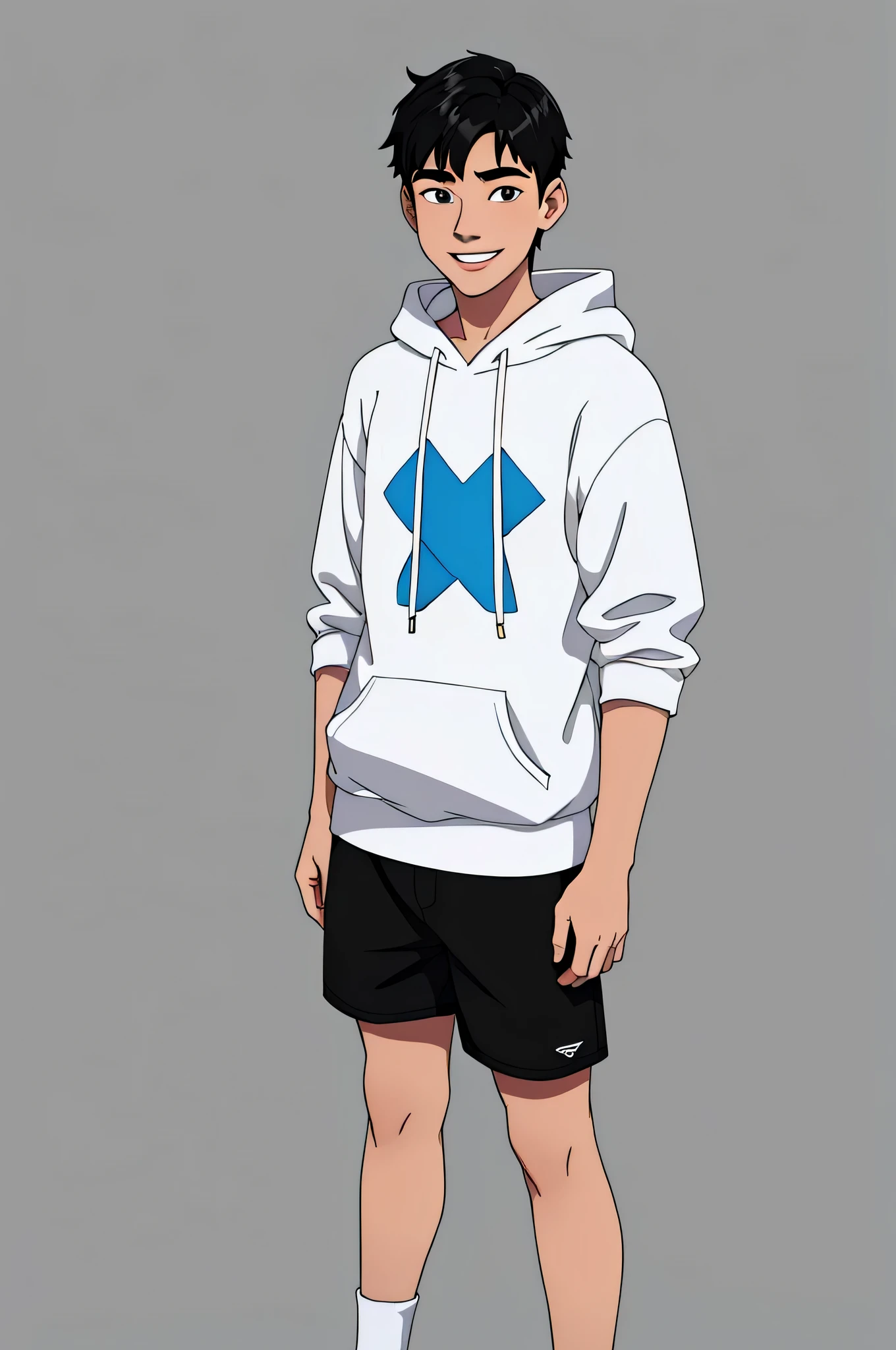 Garoto de 18 anos com pele branca, cabelo preto, moletom e shorts, medium body, The highest possible quality, ultra detalhado,usando chinelos, Fundo em branco, sorridente, Standing, Apenas uma pessoa, Qualidade 4k 8k
