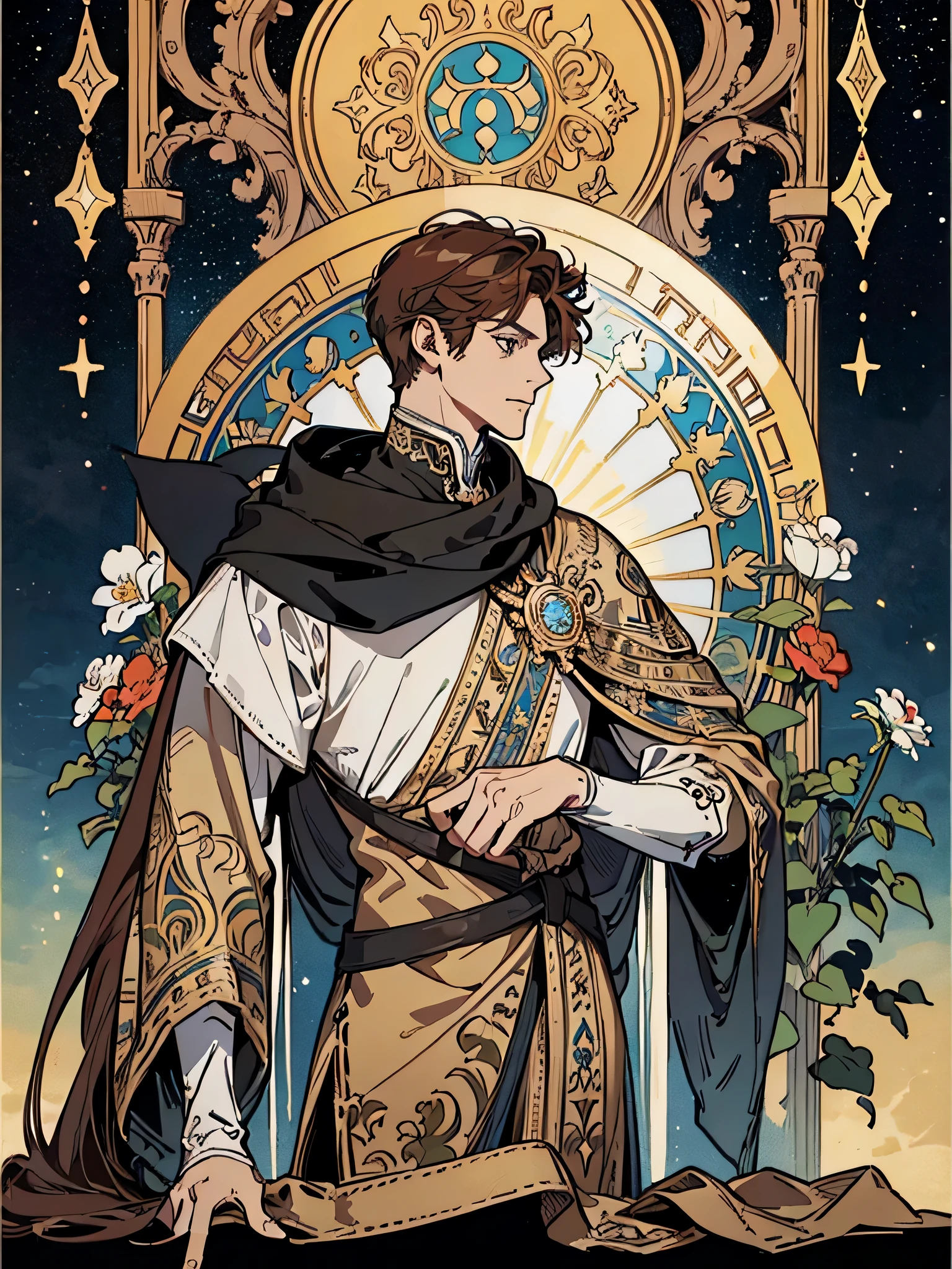 (Flat color:1.1),(Colorful:1.3),(Masterpiece:1.2), tarot: Prince, Best quality, Masterpiece, Original, 1 male, reddish brown hair, pointed elven ears, dark mole on chin, (armor colored black white and gold)，Full body photo of men，Very detailed wallpaper,Solo，Blue starry sky，tarot card layout，Best quality, Masterpiece, (Realistic:0.6), Realistic lighting,Flower frame， Decorative panels， abstract artistic， Alphonse Mucha （tmasterpiece， best qualtiy， A high resolution： 1.4）， A detailed， Complicated details， 4K，cerulean， Line art， Fibonacci