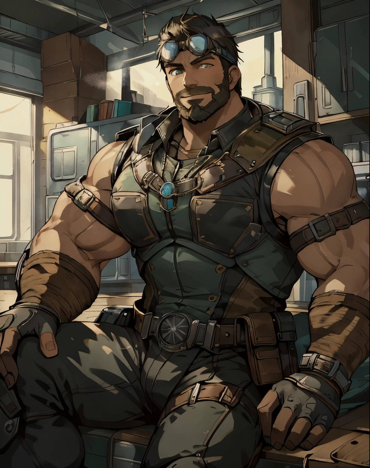 Masterpiece, Best Quality, Ultra-Detailed, 1man, 30 years old, stud, hunk, bara, muscular, jock, huge muscles, black hair, black beard, ((full beard:1.0)), black mustache, green eyes, steampunk googles on head, steampunk armor, (((sleeveless armor:1.0))), steampunk bracelets, looking at the viewer, happy expression, sitting