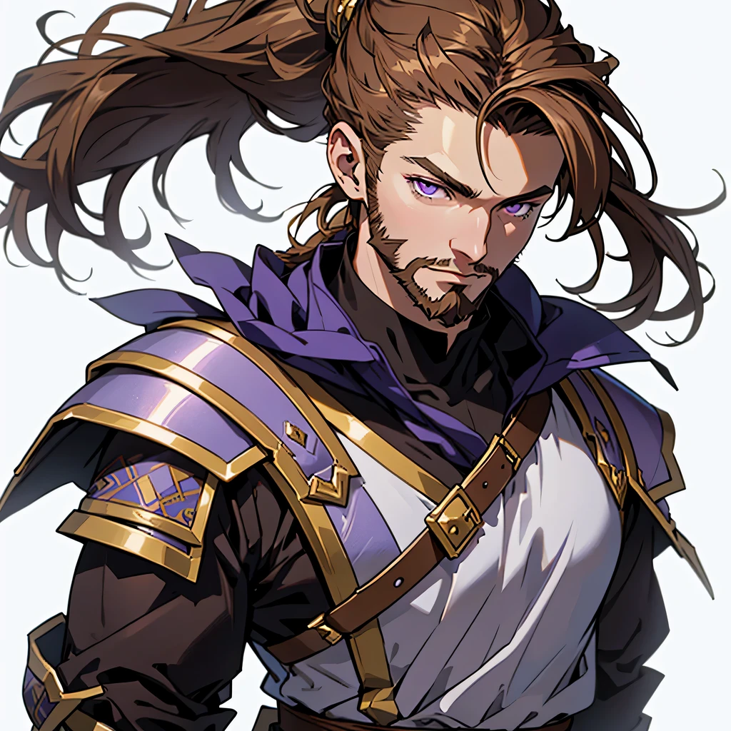 medieval anime art, masterpiece, best quality, by professional artist, male, solo, portrait, detailed composition, detailed eyes, (((white background))), brown hair, beard, purple eyes, wearing bronze armor, ponytail