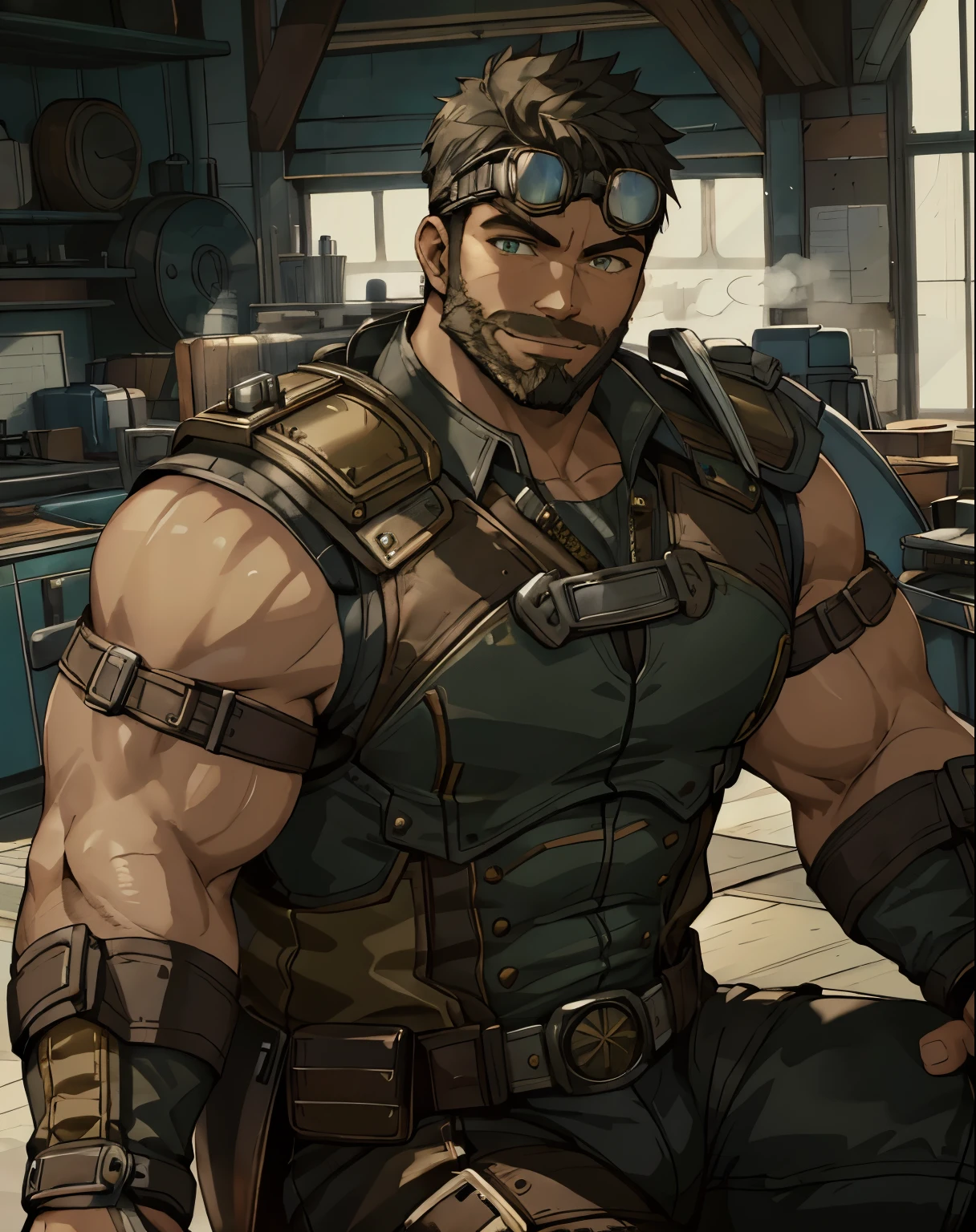 Masterpiece, Best Quality, Ultra-Detailed, 1man, 30 years old, stud, hunk, bara, muscular, jock, huge muscles, black hair, black beard, ((full beard:1.0)), black mustache, green eyes, steampunk googles on head, steampunk armor, (((sleeveless armor:1.0))), steampunk bracelets, looking at the viewer, happy expression, sitting