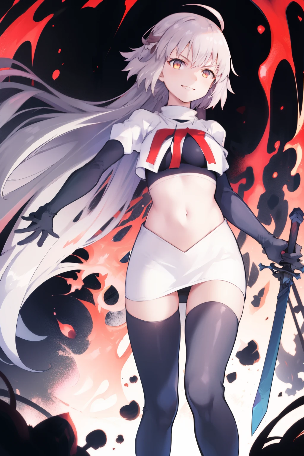 A3rd, 1girl, solo, weapon, smile, sword, looking at viewer, holding, holding weapon, holding sword, sideboob, floating hair, team rocket,team rocket uniform, red letter R, white skirt,white crop top,black thigh-highs ,black elbow gloves
 