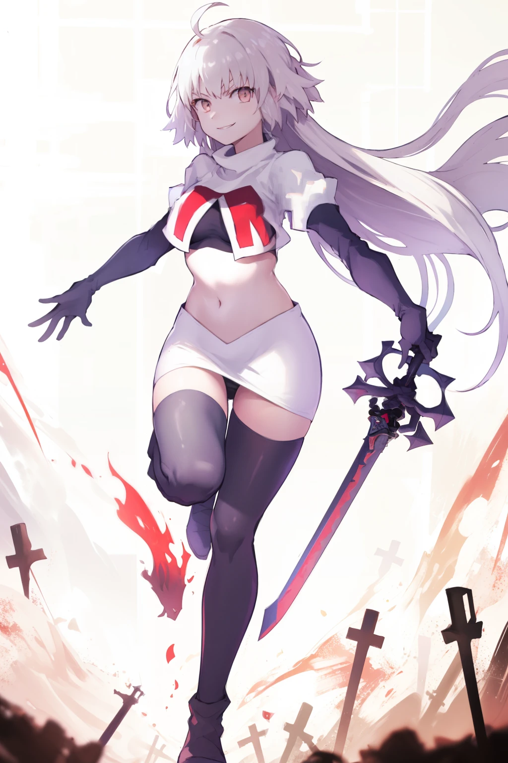 A3rd, 1girl, solo, weapon, smile, sword, looking at viewer, holding, holding weapon, holding sword, sideboob, floating hair, team rocket,team rocket uniform, red letter R, white skirt,white crop top,black thigh-highs ,black elbow gloves
 