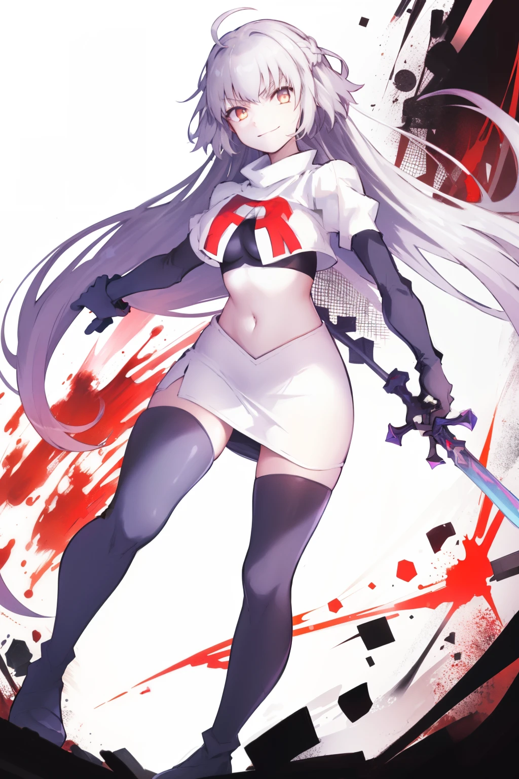 A3rd, 1girl, solo, weapon, smile, sword, looking at viewer, holding, holding weapon, holding sword, sideboob, floating hair, team rocket,team rocket uniform, red letter R, white skirt,white crop top,black thigh-highs ,black elbow gloves
 