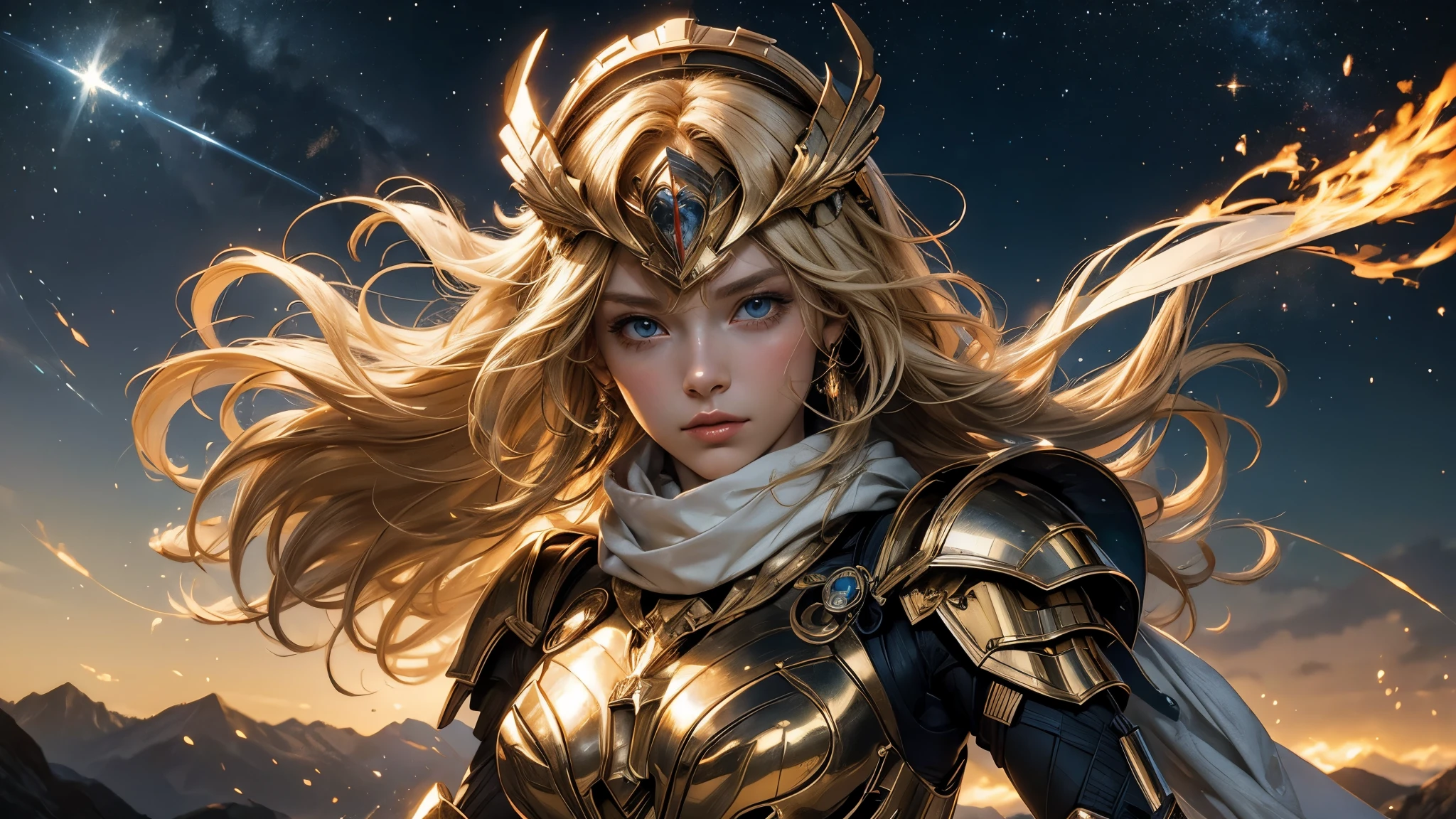 (((masterpiece))),16k,best quality, illustration, Earth, water,fire,wind,space,1 girl,blonde hair,Beautiful mecha,shining armor,eagle helmet,pretty face,scarf,Paper_cut,NSFW