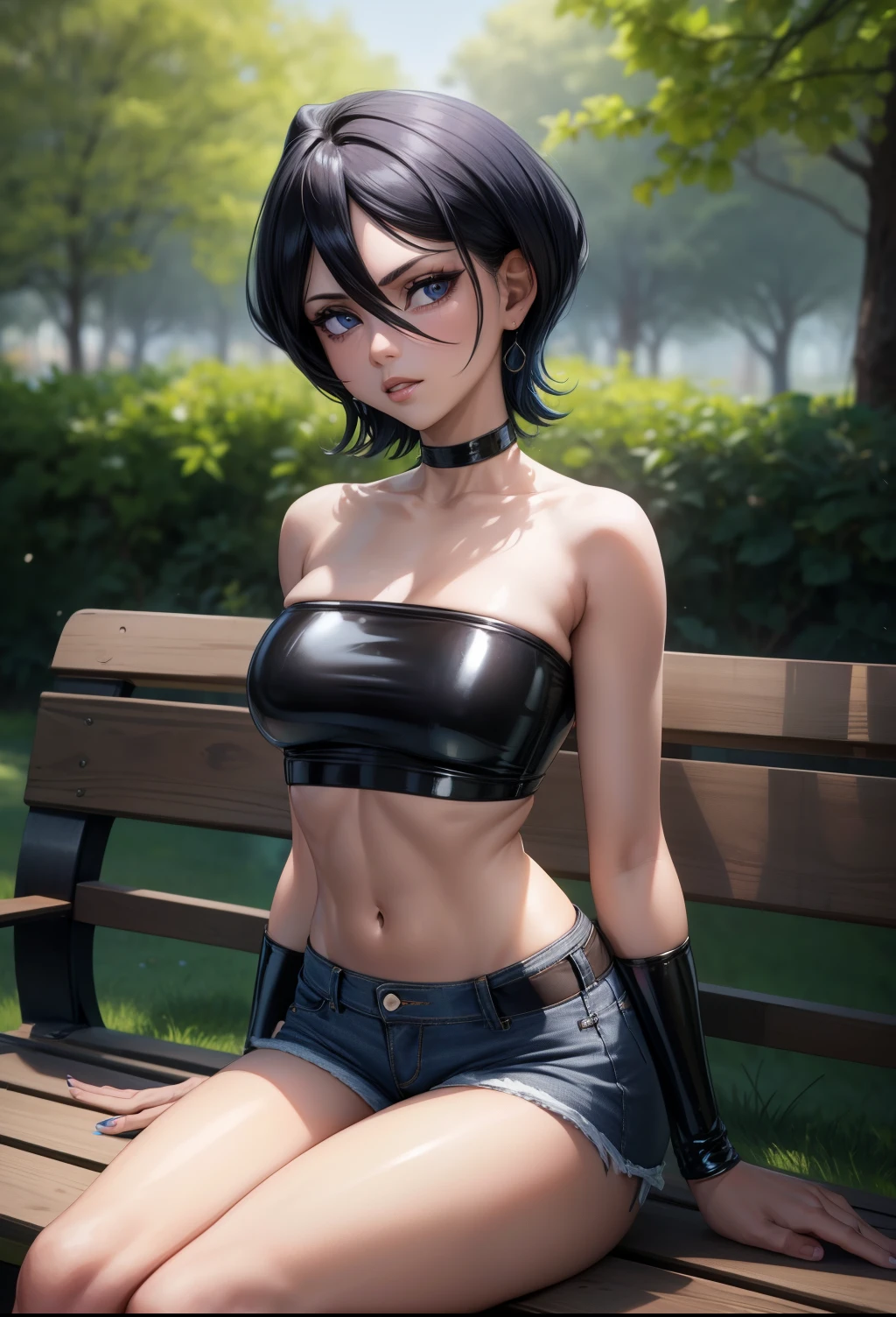 8k, highres, ultra detailed, (masterpiece:1.4), best quality, symmetrical body, (black latex strapless crop top:1.4), (jeans shorts:1.4), choker, cute, solo, earrings, short hair, blue hair, blue eyes, glow effect, finely eye, detailed face, looking at viewer, seductive face, in the park, sitting on bench, angled view, big breasts, seductive look, perfect fingers, voluptous
