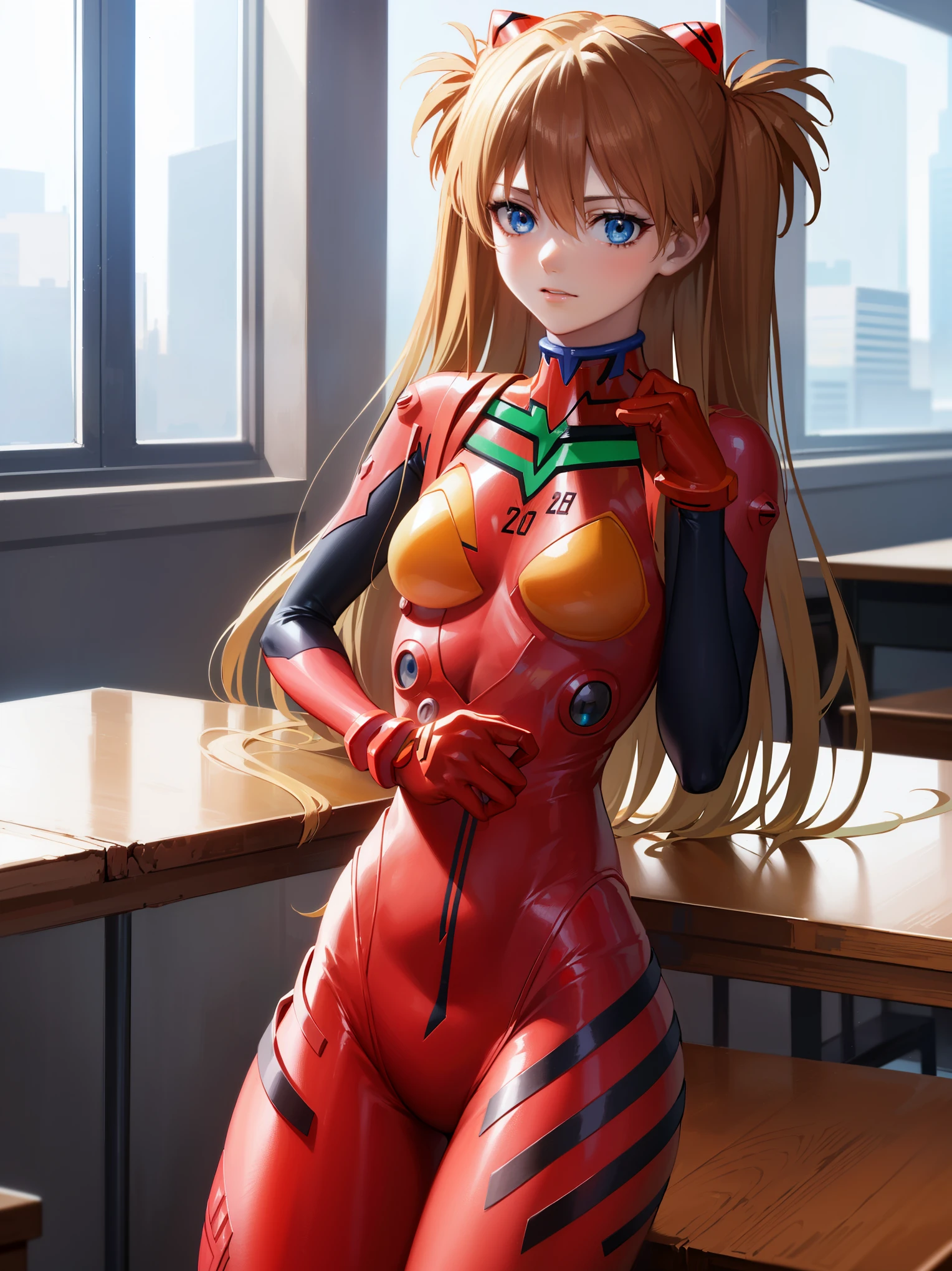 sugar angle, Asuka Langley Soryu, (Soryu Asuka Langley:1.5), blue eyes, hair between eyes, headgear, interface headset, orange hair, two side up,
blake bodysuit, long sleeve, plug suit, red bodysuit,
rest indoors, classroom,
break looking at viewer, (cowboy shot:1.5),
break (table top:1.2), highest quality, High resolution, unity 8k wallpaper, (figure:0.8), (detailed and beautiful eyes:1.6), highly detailed face, perfect lighting, Highly detailed CG, (perfect hands, perfect anatomy),