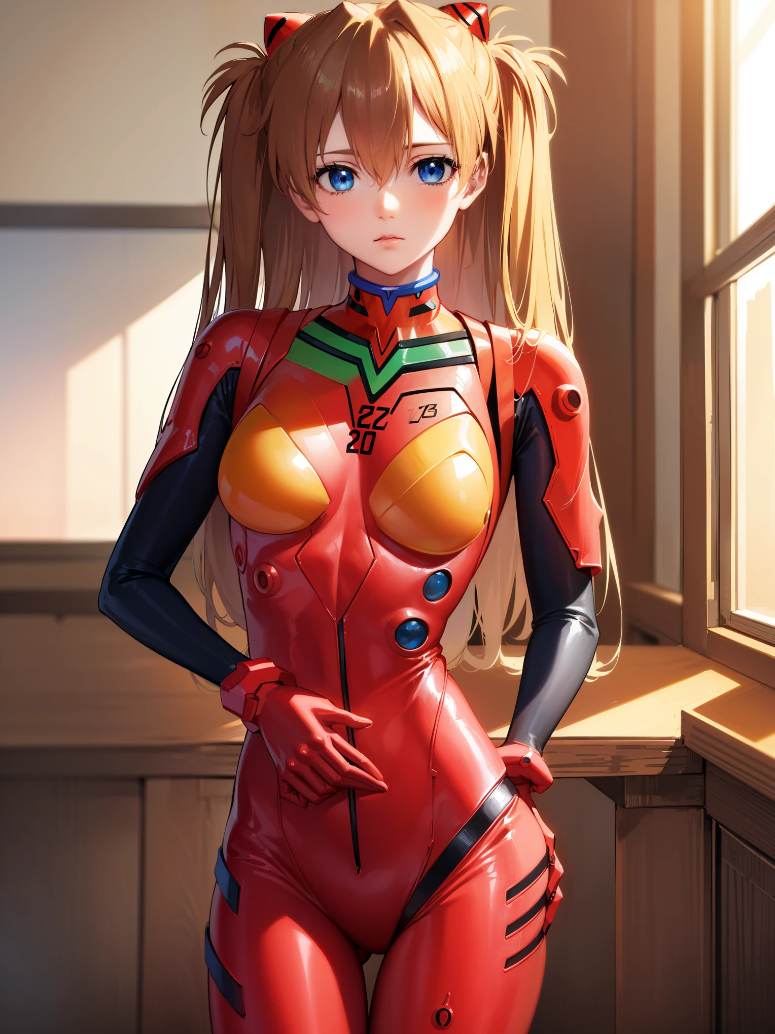 sugar angle, Asuka Langley Soryu, (Soryu Asuka Langley:1.5), blue eyes, hair between eyes, headgear, interface headset, orange hair, two side up,
blake bodysuit, long sleeve, plug suit, red bodysuit,
rest indoors, classroom,
break looking at viewer, (cowboy shot:1.5),
break (table top:1.2), highest quality, High resolution, unity 8k wallpaper, (figure:0.8), (detailed and beautiful eyes:1.6), highly detailed face, perfect lighting, Highly detailed CG, (perfect hands, perfect anatomy),