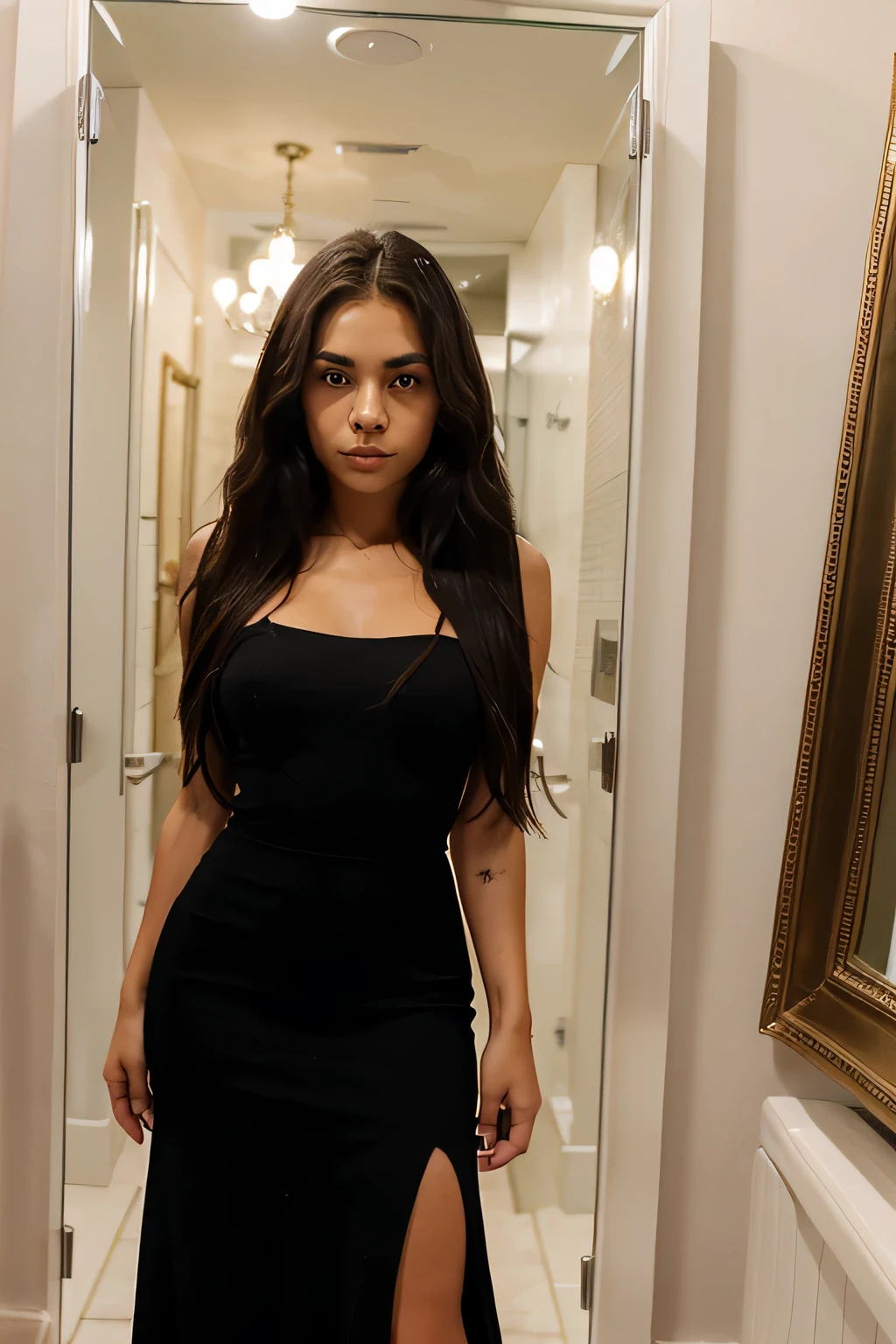 20 year old woman,morena,ojos cafe, cara muy natural,labios finos.pelo largo color negro,ojos finos,long eyelashes,nariz fina,taking a photo in front of a full length mirror in a black dress in the bathroom of a nightclub