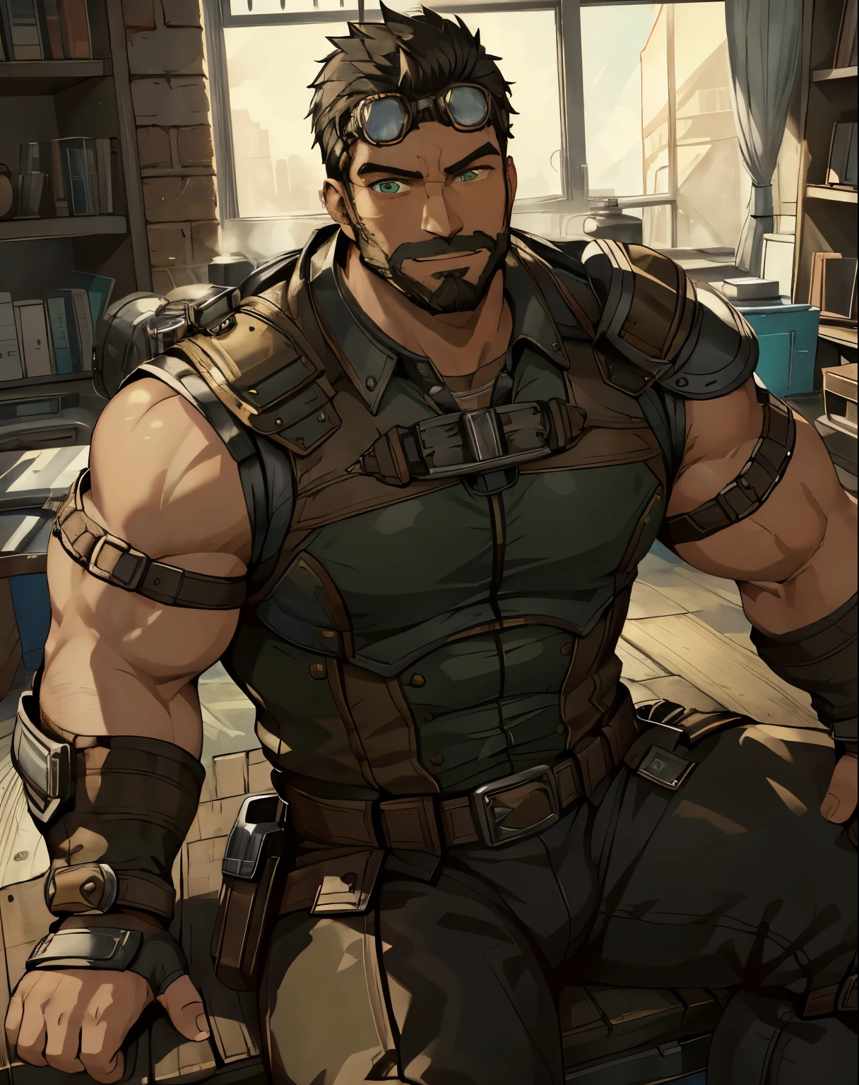 Masterpiece, Best Quality, Ultra-Detailed, 1man, 30 years old, stud, hunk, bara, muscular, jock, huge muscles, black hair, black beard, ((full beard:1.0)), black mustache, green eyes, steampunk googles on head, steampunk armor, (((sleeveless armor:1.0))), steampunk bracelets, looking at the viewer, happy expression, sitting