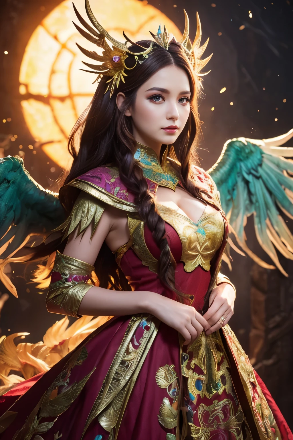 ( absurdly , high quality , Super detailed,See photographer ), phoenix queen,Phoenix costume with detailed and beautiful colorful patterns,See photographer，fantasy world background