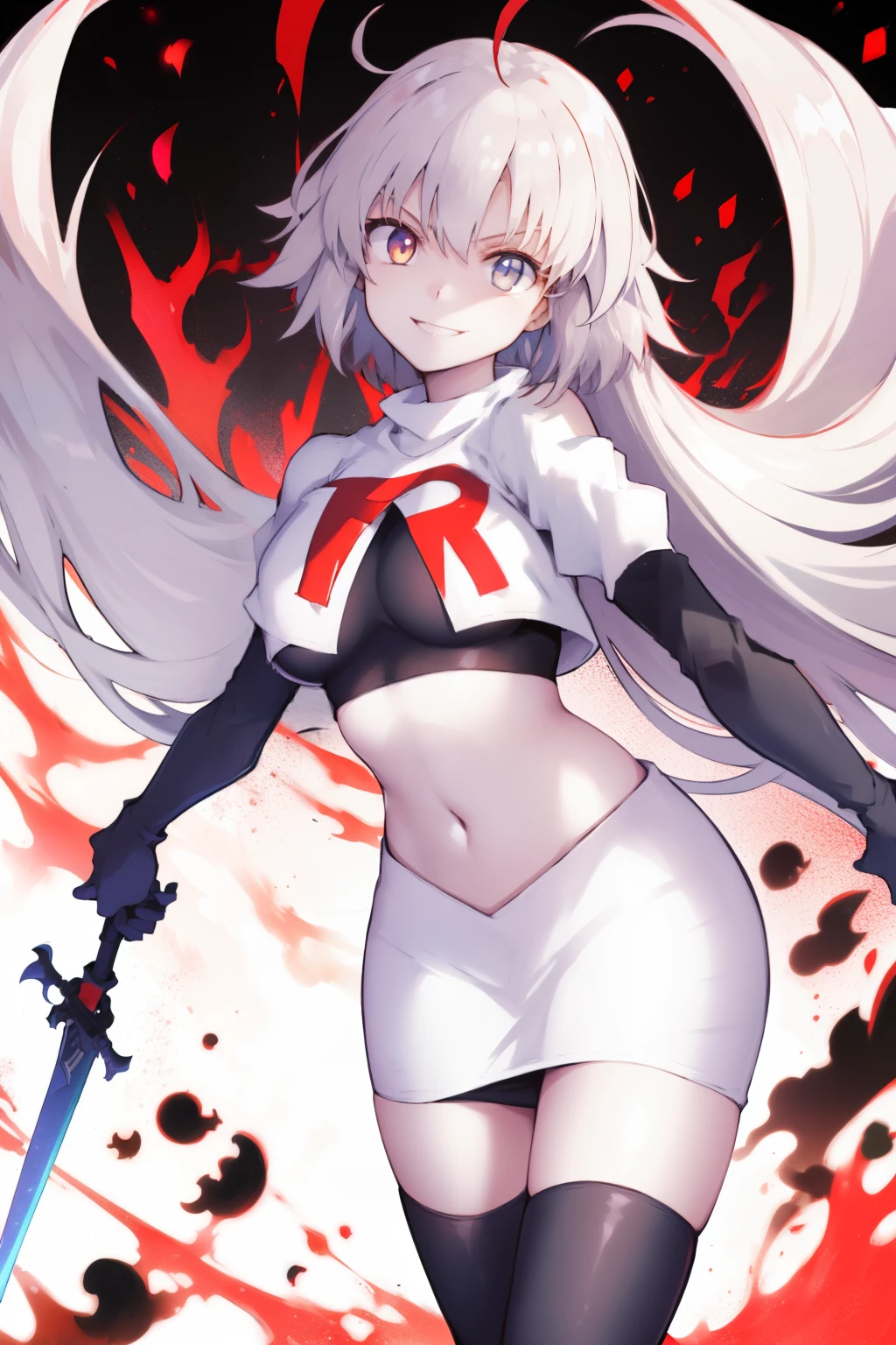 A3rd, 1girl, solo, weapon, smile, sword, looking at viewer, holding, holding weapon, holding sword, sideboob, floating hair, team rocket,team rocket uniform, red letter R, white skirt,white crop top,black thigh-highs ,black elbow gloves
 