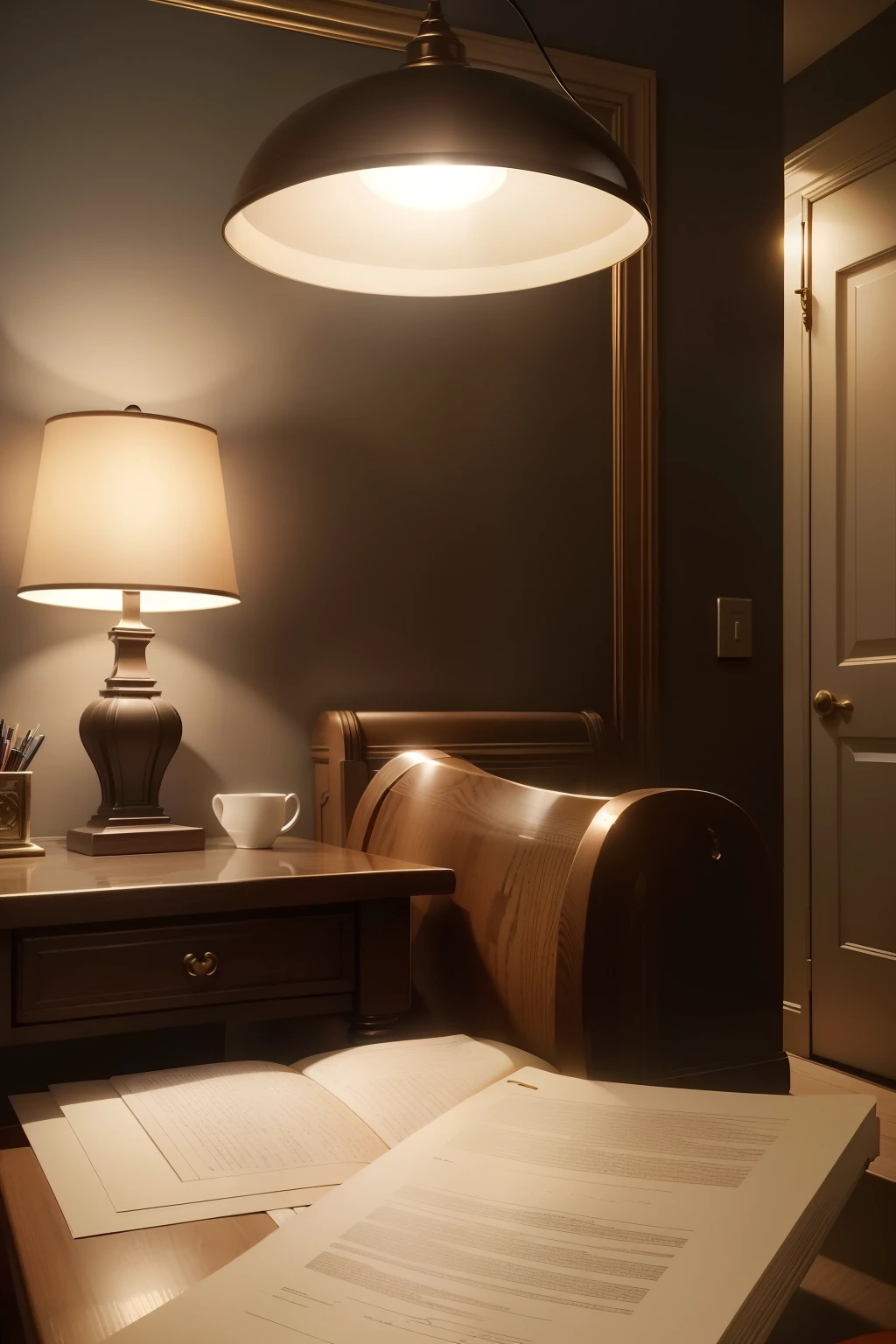 In the heart of a bustling city, nestled within the cozy confines of a luxurious hotel room, stands a well-worn desk illuminated by a table lamp. The desk, adorned with an assortment of stationery and documents, invites the weary traveler to unwind and unravel the mysteries of their day. The warm glow of the lamp bathes the room in a gentle light, casting elongated, intriguing shadows on the walls and adding depth to the intricately detailed scene.