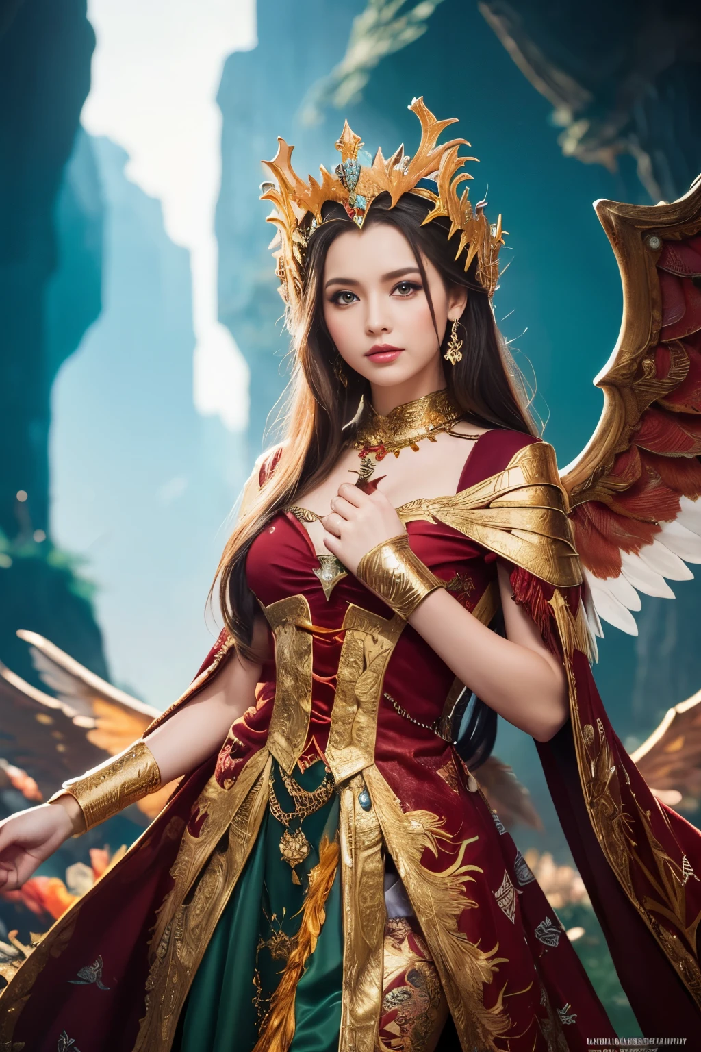 ( absurdly , high quality , Super detailed,See photographer ), phoenix queen,Phoenix costume with detailed, beautiful and colorful patterns,See photographer，fantasy world background