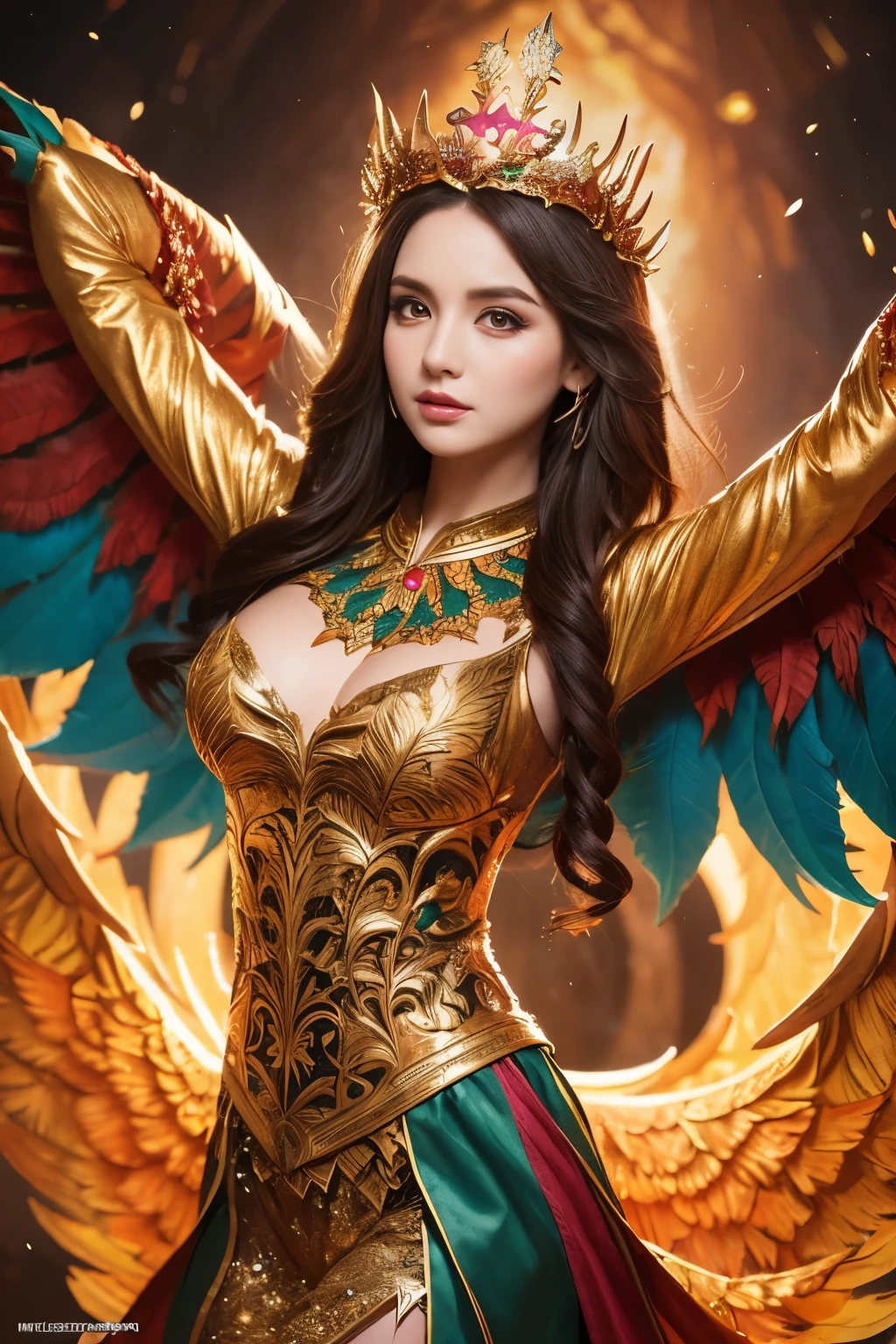 ( absurdly , high quality , Super detailed,See photographer ), phoenix queen,Phoenix costume with detailed, beautiful and colorful patterns,See photographer，fantasy world background