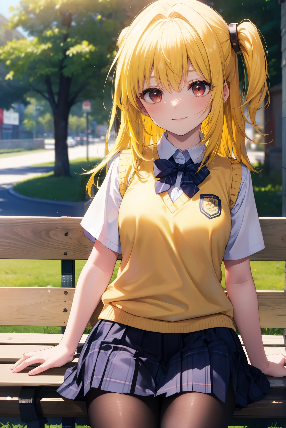 toloverumy, my, (yellow hair:1.5), long hair, (red eyes:1.5), (hair ornaments:1.2), two side up, (:1.2), smile,blush,mouth open,Holding and eating taiyaki with both hands,
green skirt, plaid, plaid スカート, sainan high school uniform, school uniform, pleated skirt, shirt, white shirt, sweater vest, (yellow sweater vest:1.5),black pantyhose,brown loafers,sitting on the bench,There is a bag containing taiyaki on the bench.,
break outdoors, school building bench,
break looking at viewer, (cowboy shot:1.5),
break (masterpiece:1.2), highest quality, High resolution, unity 8k wallpaper, (figure:0.8), (detailed and beautiful eyes:1.6), highly detailed face, perfect lighting, Very detailed CG, (perfect hands, perfect anatomy),